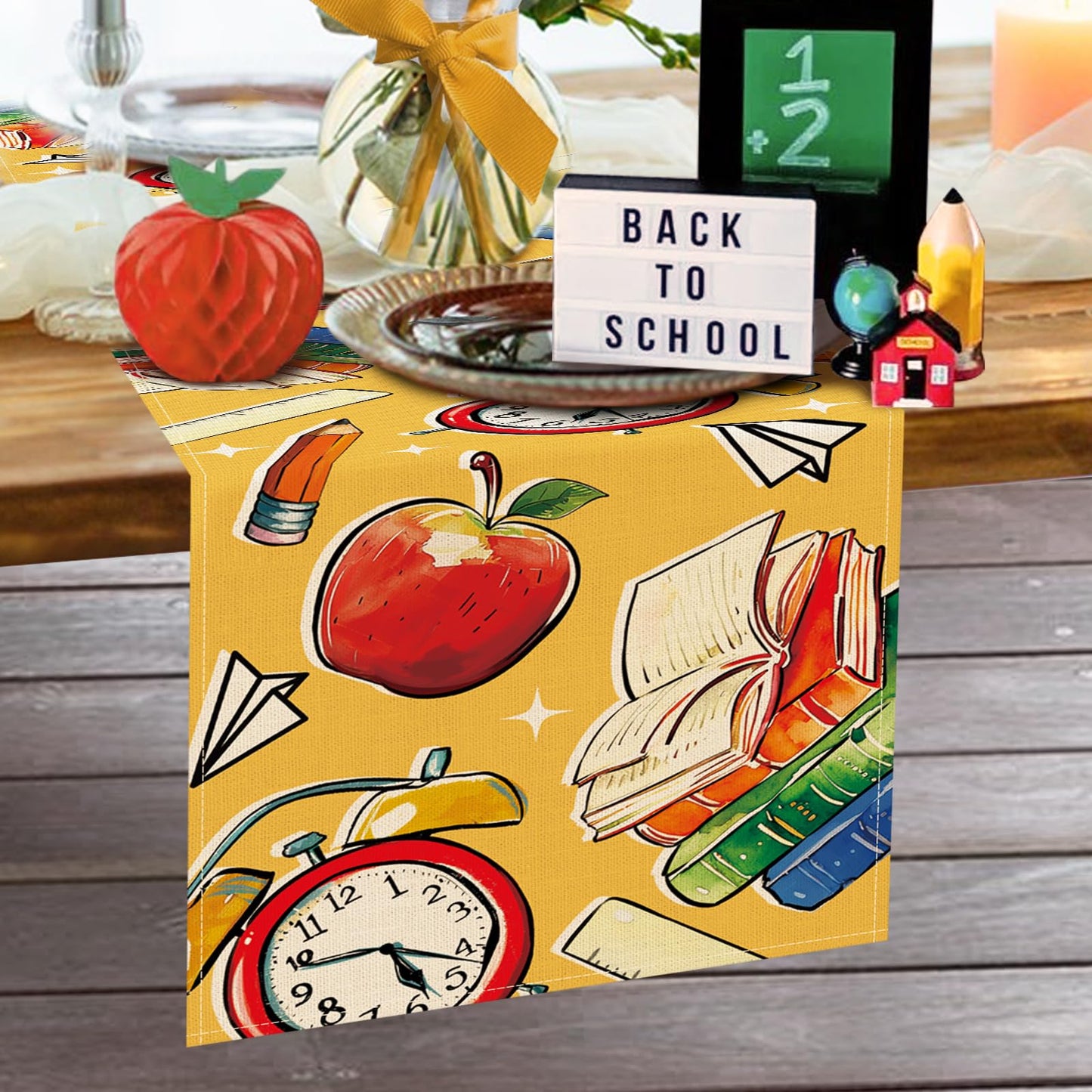 Croar Back to School Classroom Dining Table Runner, First Day of School Book Apple Clock Kindergarten Burlap Kitchen Decoration, Pencil Ruler Indoor Outdoor Home Party Decor Teacher Supply 13''x72''