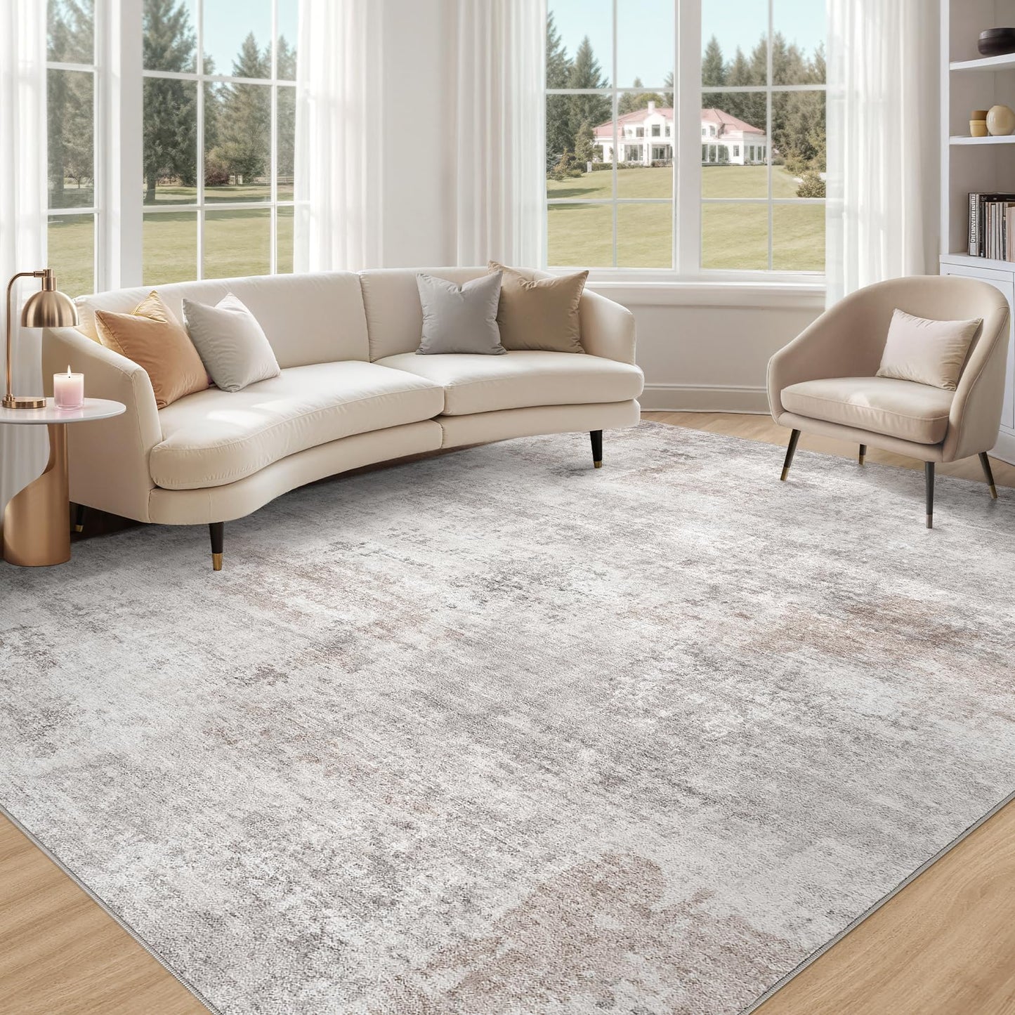 TARANCH Abstract 10x14 Area Rug: Machine Washable Non Slip Ultra Thin Low-Pile Carpet, Soft Stain Resistant for Living Dining Room Bedroom, Kid Pet Friendly, Robot Vacuum Compatible - Brown Grey