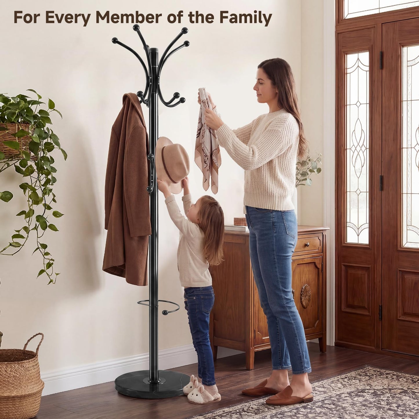 DongRong Metal Coat Rack Freestanding with Natural Marble Base, 360° Roraty Coat Rack Stand with 16 Hooks & Umbrella Holder, Black Heavy Duty Coat Rack for Coats Hats for Entryway Bedroom (Black)