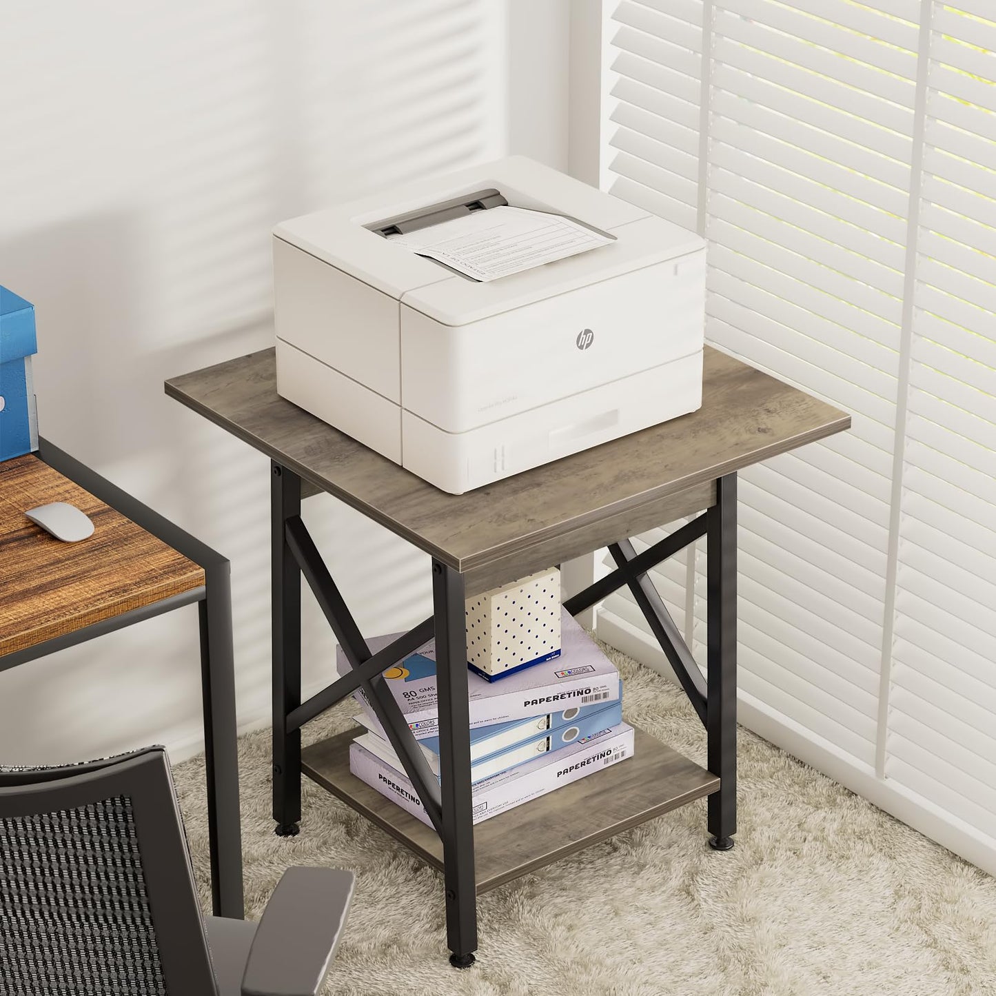 GreenForest Square End Table for Living Room, 24 Inch Large Side Table with X-Frame, Farmhouse Tall Bedside Nightstand with 2-Tier Storage Shelf, Gray Wash