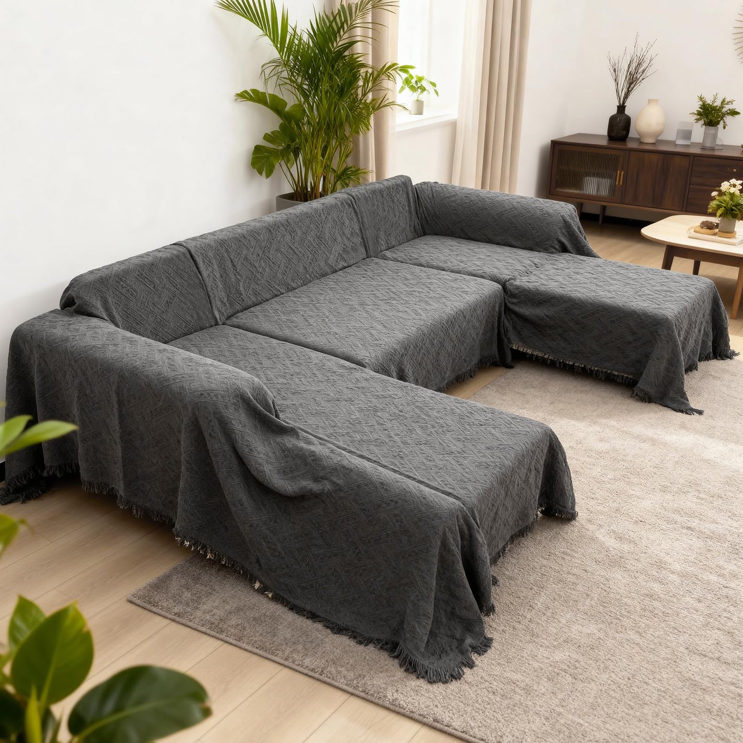 VANITURE Sectional Couch Covers U Shape, 3 Pieces Sofa Cover for Sectional Sofa, Washable U Shaped Couch Cover Blanket with Chaise Lounge for Dogs - Dark Gray (2PC 110"x63" + 1PC 90"x71")