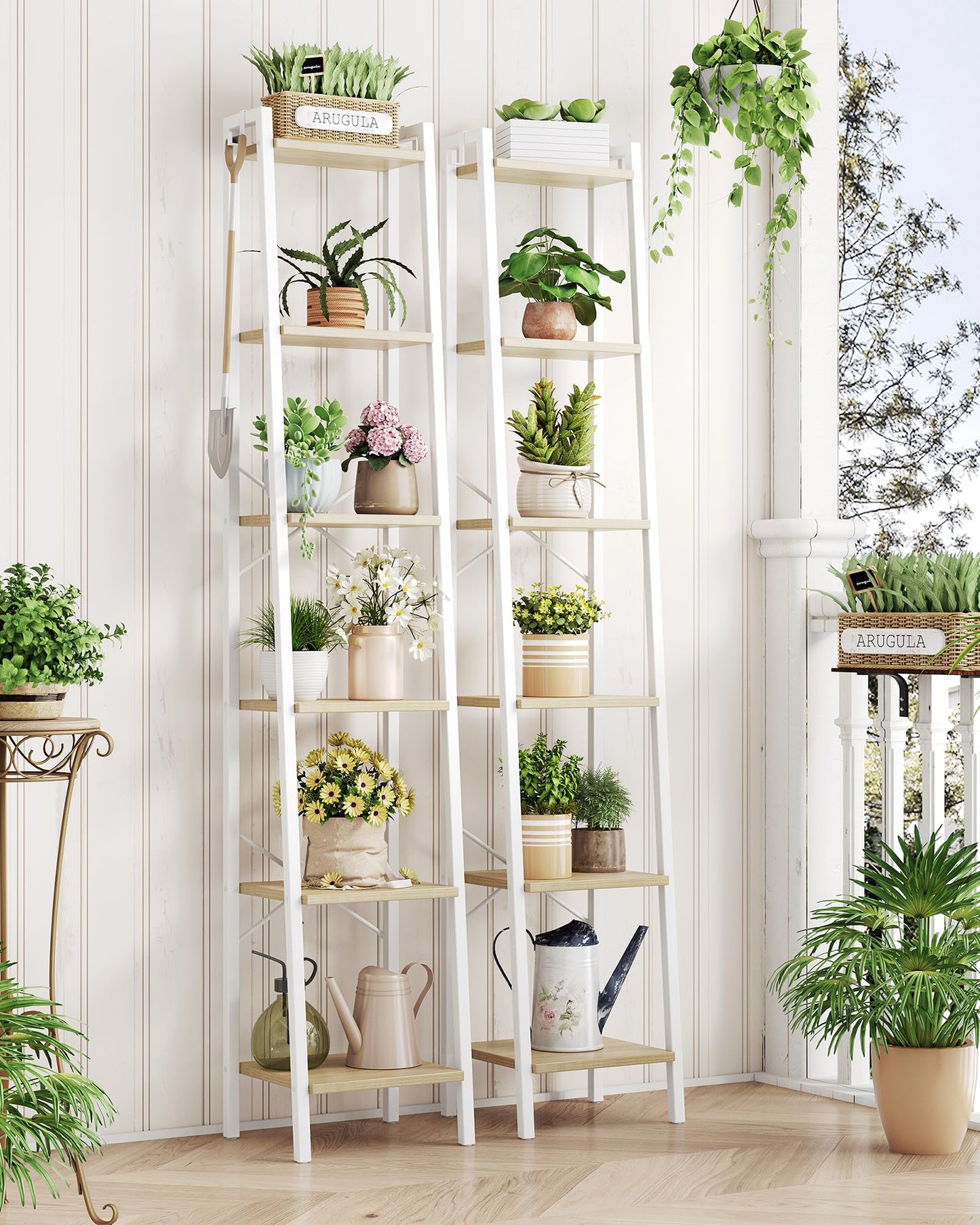 Hzuaneri Ladder Shelf, Bookshelf Bookcase, Freestanding Corner Storage Shelve with 2 Hooks for Home Office, Living Room, Kitchen, Bedroom, Industrial, 11.8" D x 13.4" W x 72.8" H, White Oak and White