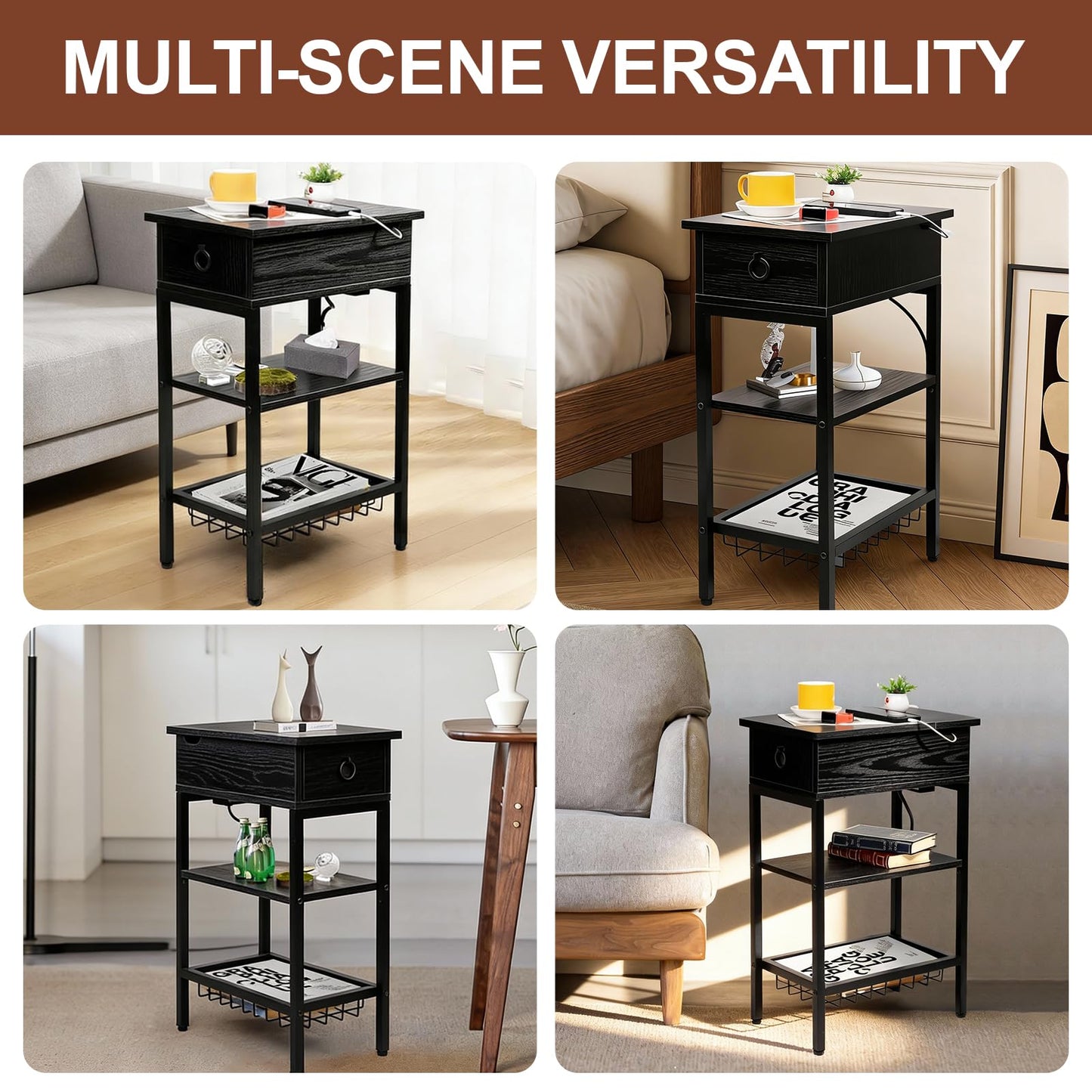 Cazacomzy Small Black Side Table Charging Station for Bedroom, Narrow Black Living Room End Tables with Storage, Skinny USB Nightstand with Outlet, Gaming Coffee Table for Couch with USB Ports