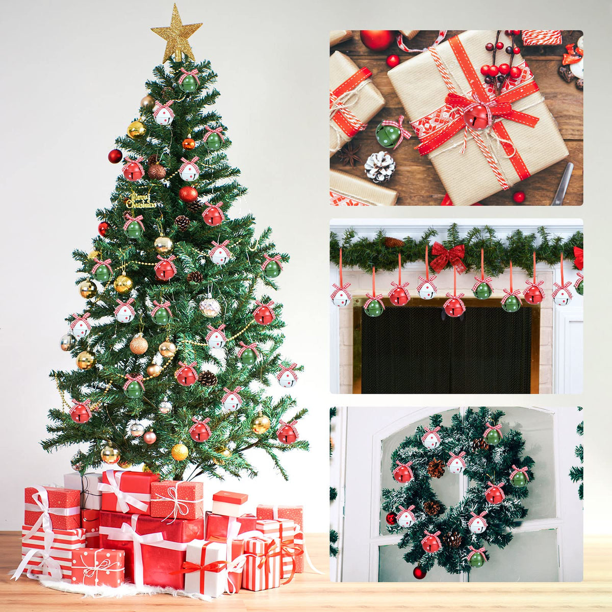 Naler 24 Pieces Christmas Jingle Bells with Ribbon Metal Cutout Craft Bells Hanging Ornaments for Christmas Tree Xmas Decoration, Red Green White, 1.57”