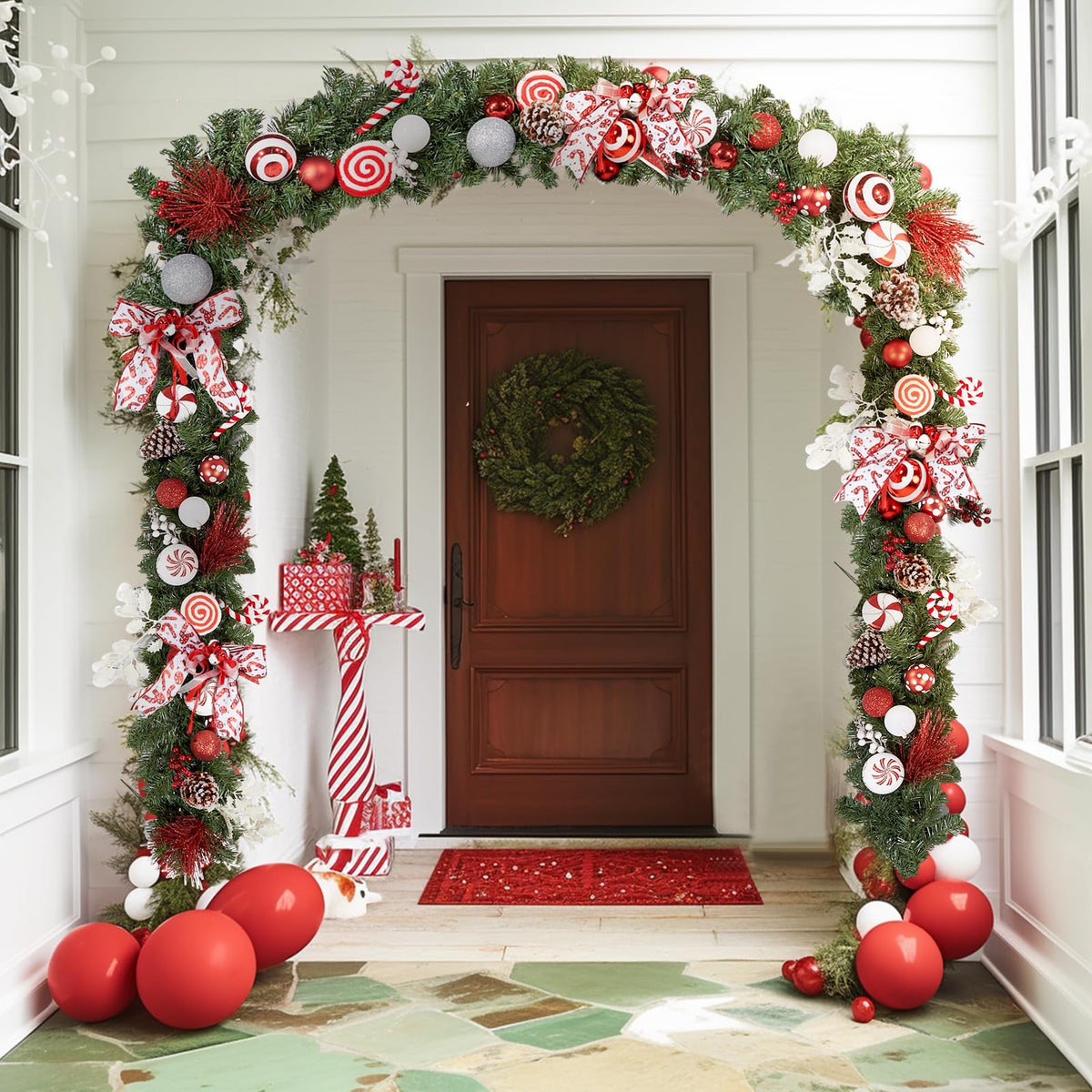 WBHome Pre-lit 9 Feet/106 Inch Christmas Garland Candy Shop Red & White Themed with 50 LED Lights Holiday Decorations, Battery Operated (Batteries NOT Included)