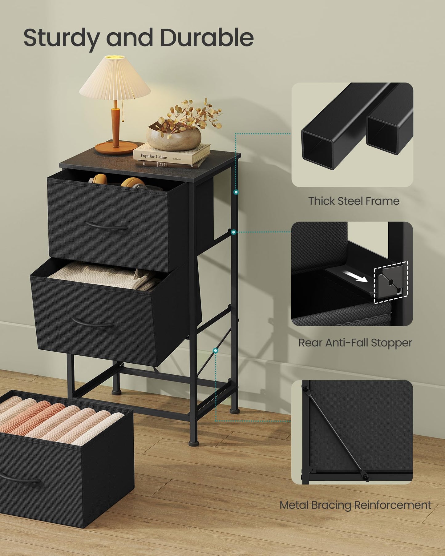 SONGMICS Dresser for Bedroom, Chest of Drawers, Steel, MDF, 3 Non-Woven Fabric Drawers, Storage Organizer Unit, Closet, Entryway, Ink Black and Ebony Black ULGS313B01S