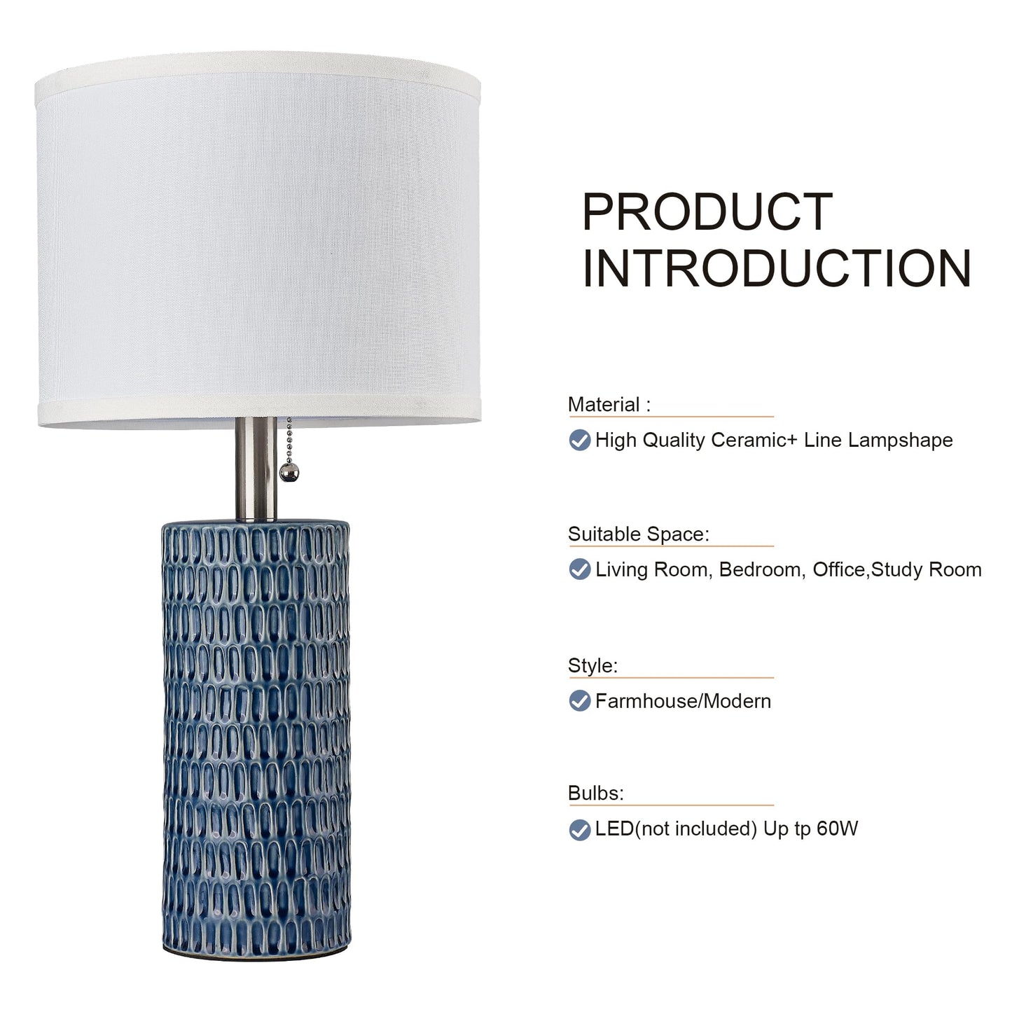 Reaketon Table Lamps for Living Room Set of 2, Ceramic Table Lamps for Bedroom, 20" Modern Lamps for Night Stands, Dark Blue