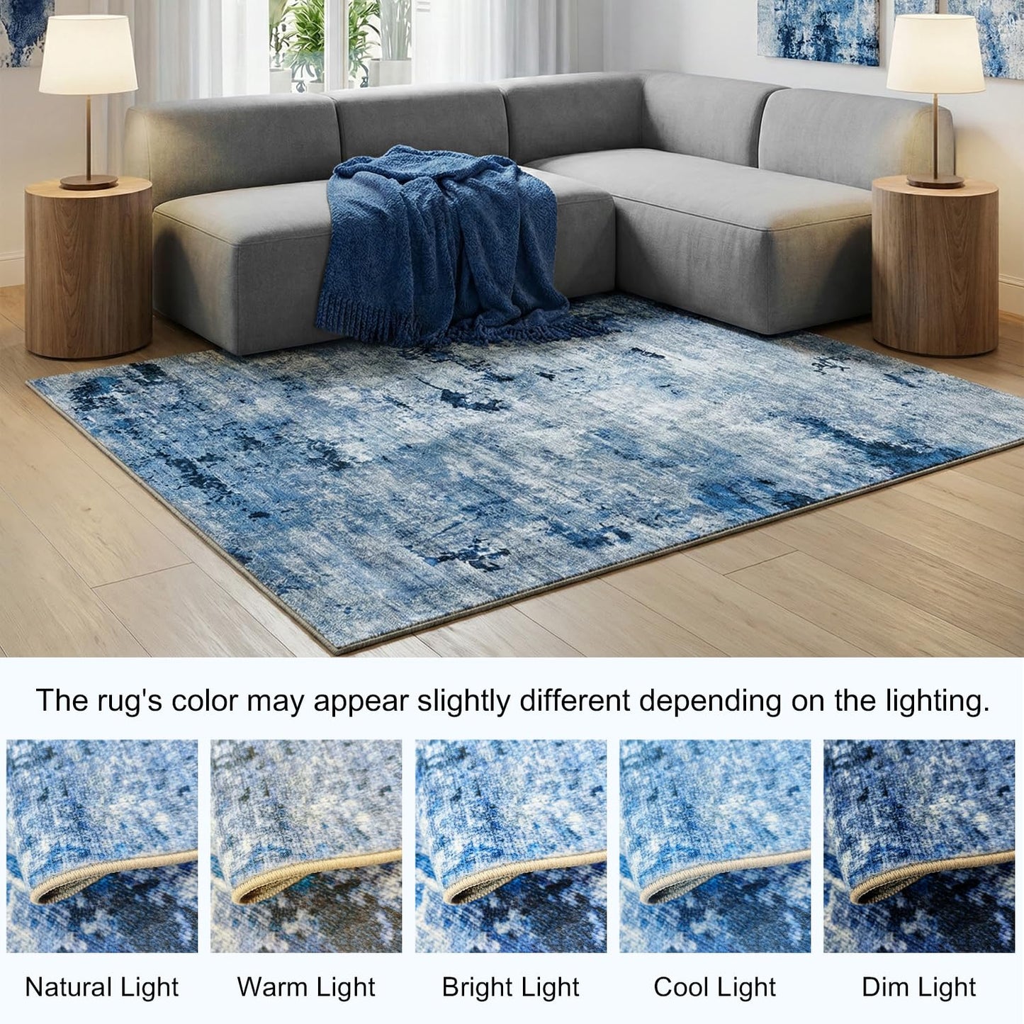 Cnythlis Washable Area Rugs, 0.26 Inch Low Pile Non Slip Abstract Rugs for Bedroom Study Room - Foldable Indoor Carpet, Pet Friendly Surface, Stain-Resistant & Water-Resistant, 5'x7', Blue