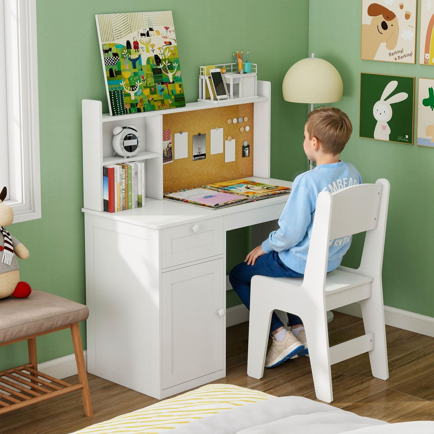 Kids Study Desk with Chair, Kids Desk Chair Set for 5-12 Years Old, Children Wooden Study Table with Hutch & Storage Cabinet, Student Writing Table Computer Workstation for Girls and Boys, White