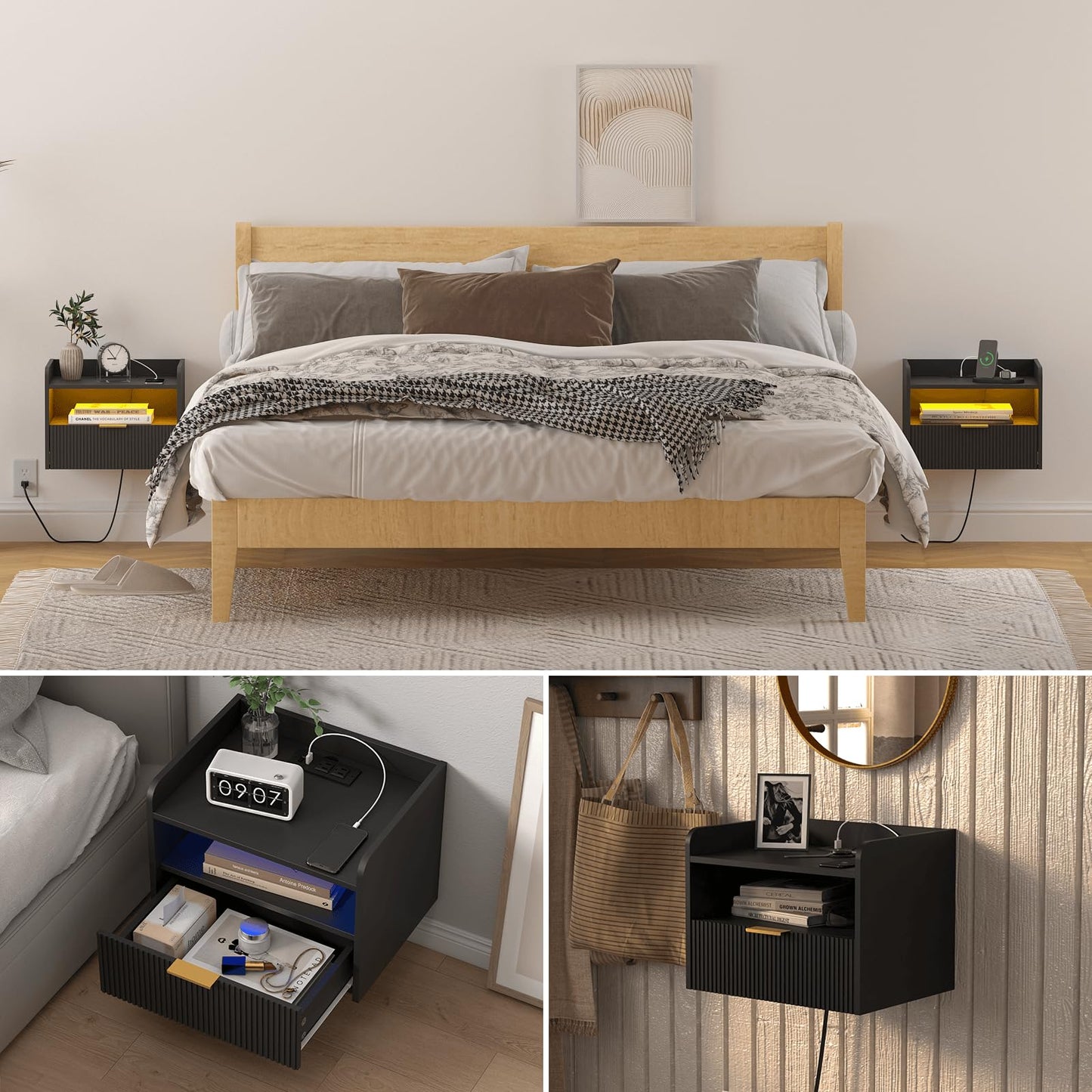 Veegle White Floating Nightstand with Charging Station and LED Lights (Black)