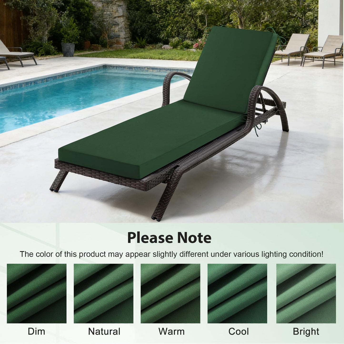 Aegisun Chaise Lounge Cushions Outdoor, 72x 21x 3 Inch Waterproof & Fade-Resistant Lounge Chair Cushion, Outdoor Chaise Cushion with Removable Cover & Ties for Lawn, Patio, Pool & Beach, Forest Green