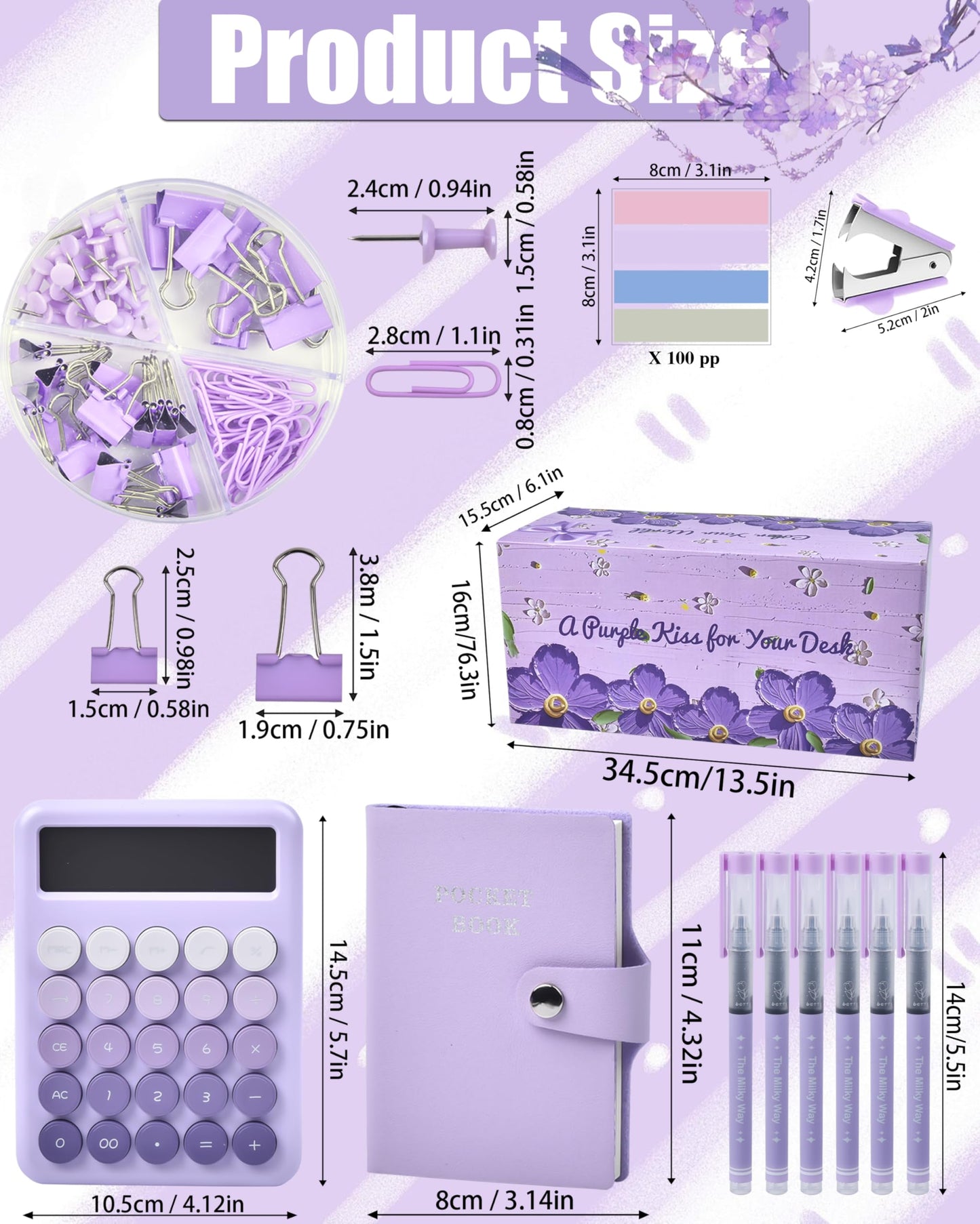 LXEVIHK 21Pcs Purple Desk Organizers and Accessories With Mesh Desk Organizer and 360°Rotating Pen Holder and a Lot of Office Purple Office Supplies Beautifully Presented in a Gift Box