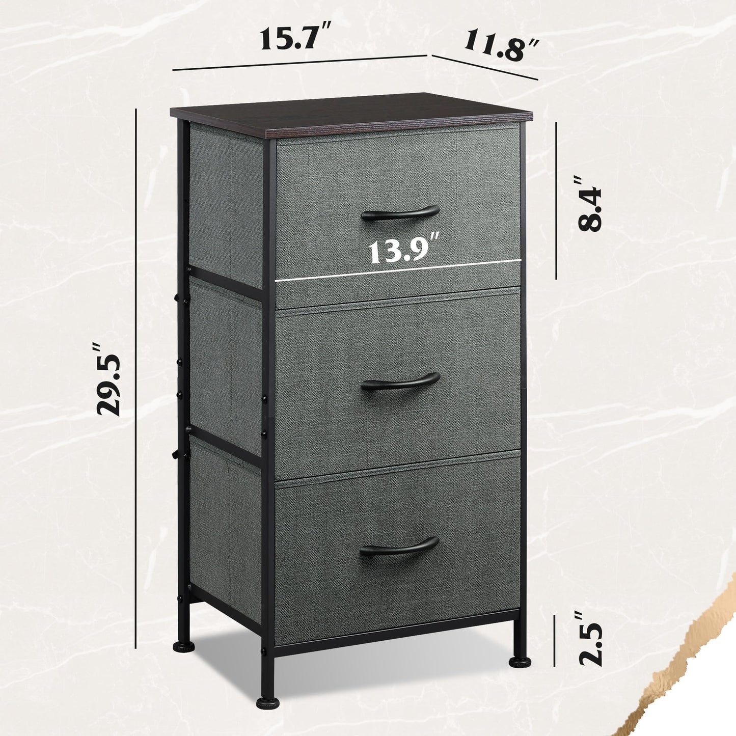 WLIVE Dresser with 3 Drawers, Fabric Nightstand, Organizer Unit, Storage Dresser for Bedroom, Hallway, Entryway, Closets, Sturdy Steel Frame, Wood Top, Easy Pull Handle, Dark Grey