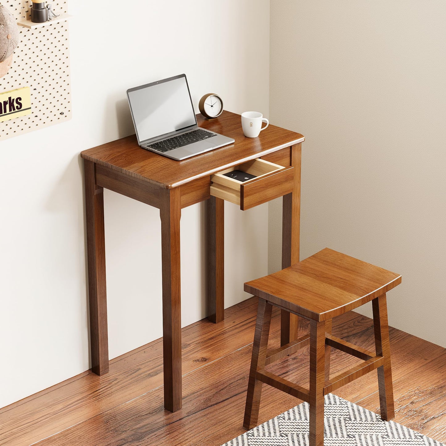 Love-KNPTUS Solid Wood Desk with Drawers - 23.6" Narrow Desks for Small Spaces, Mid Century Modern Desks, Small Wooden Vintage Computer Writing Desk, Study Table for Home Office Bedroom, Walnut