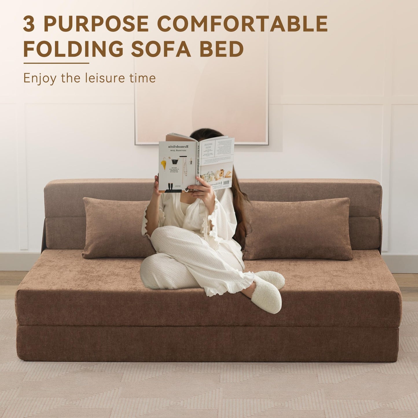 WUTUTUEE Folding Sofa Bed Floor Couch with Pillow, Foldable Chair Bed Convertible Linen Sleeper Chair Futon,Foldable Memory Foam Mattress for Bedroom/Living Room/Dorm/Office (Brown, Queen)
