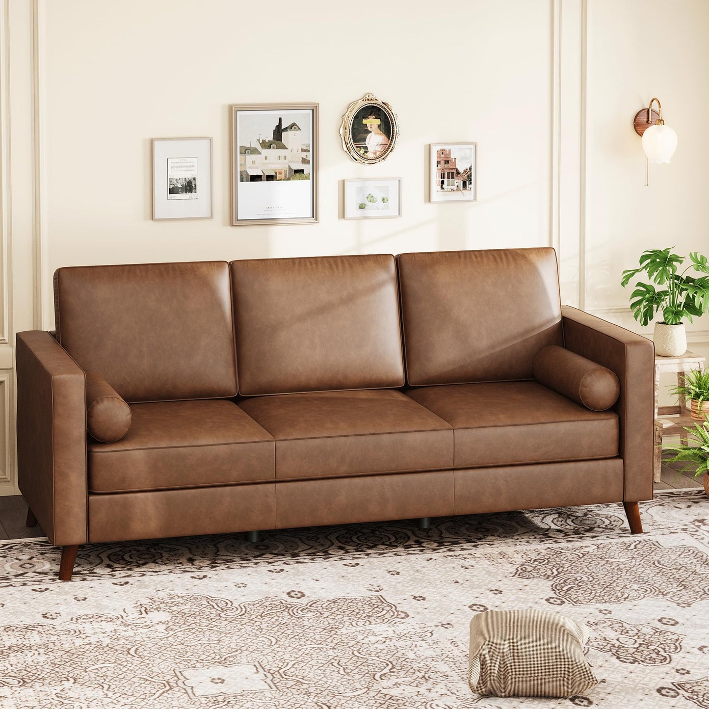 GAOMON 81" Leather Couch for Living Room, Mid Century Modern 3-Seater Sofa with Deep Seat, Faux Leather Sofa for Apartment, Home Office, Brown