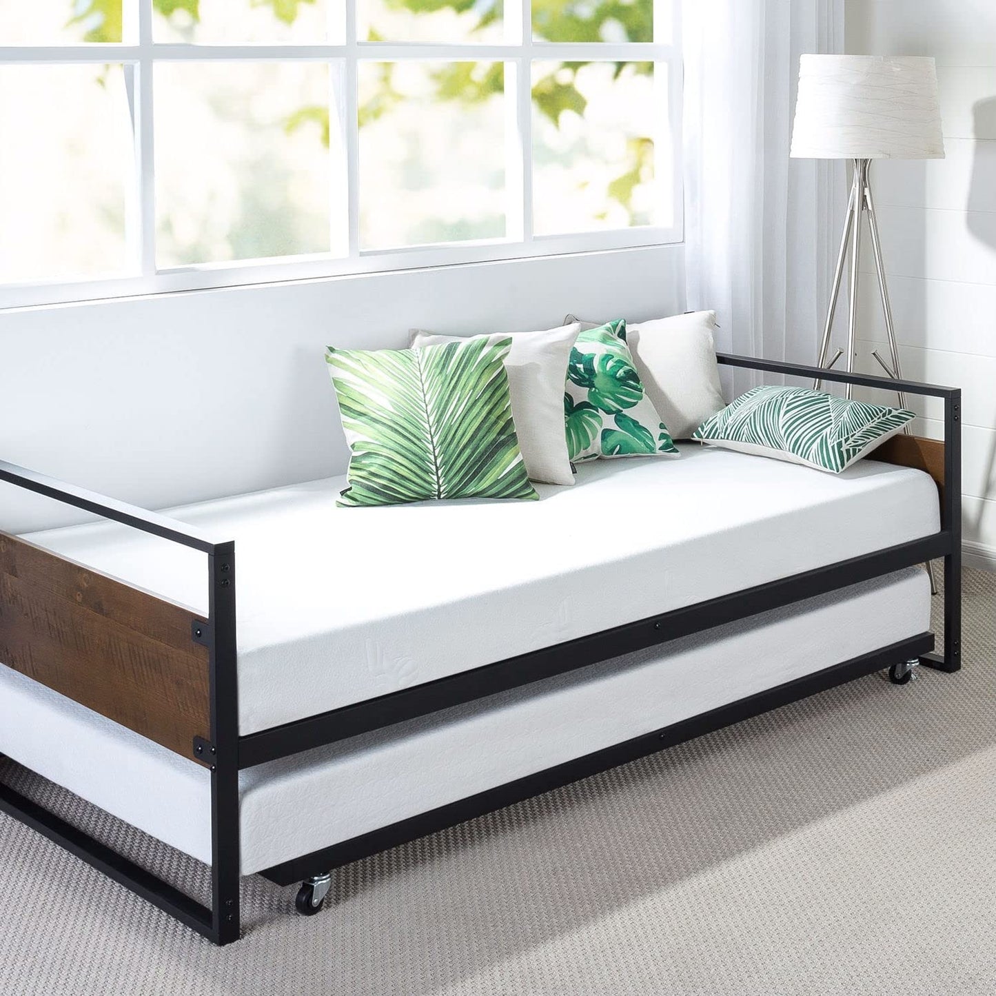 Fast Furnishings Twin Size Metal Wood Daybed Frame with Roll Out Trundle Bed