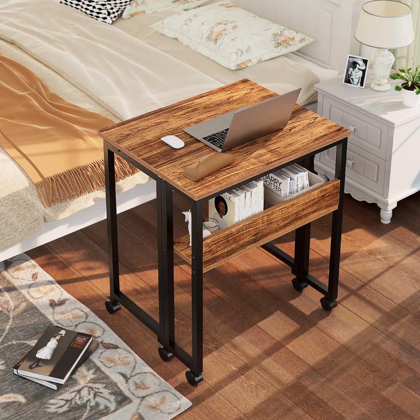 GreenForest Folding Desk with Wheels, 24.8 Inch Compact Rolling Computer Table with Storage Shelf, Portable Mobile Workstation for Small Spaces, Easy Assembly,Walnut