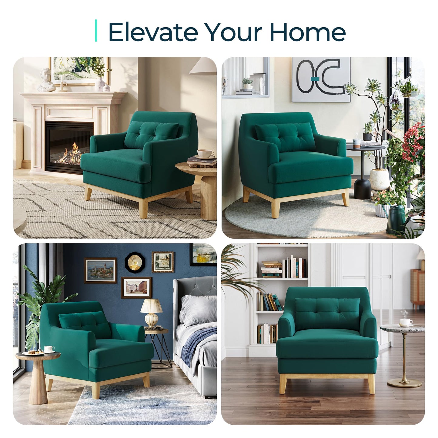 LINSY Accent Lounge Chair, Large Velvet Reading Chair with Wood Base and Lumbar Pillow, Mid Century Modern Armchair Cozy Single Sofa for Reading Room Living Room Bedroom Apartment Office, Green