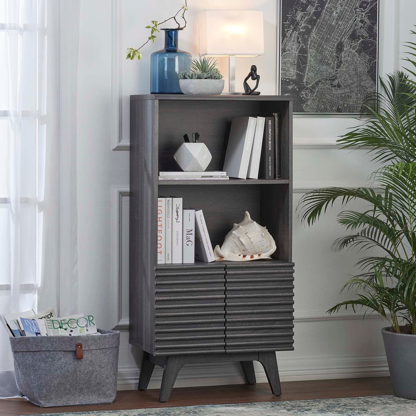 Modway Render Mid-Century Modern Office, Display Cabinet Bookshelf, Charcoal
