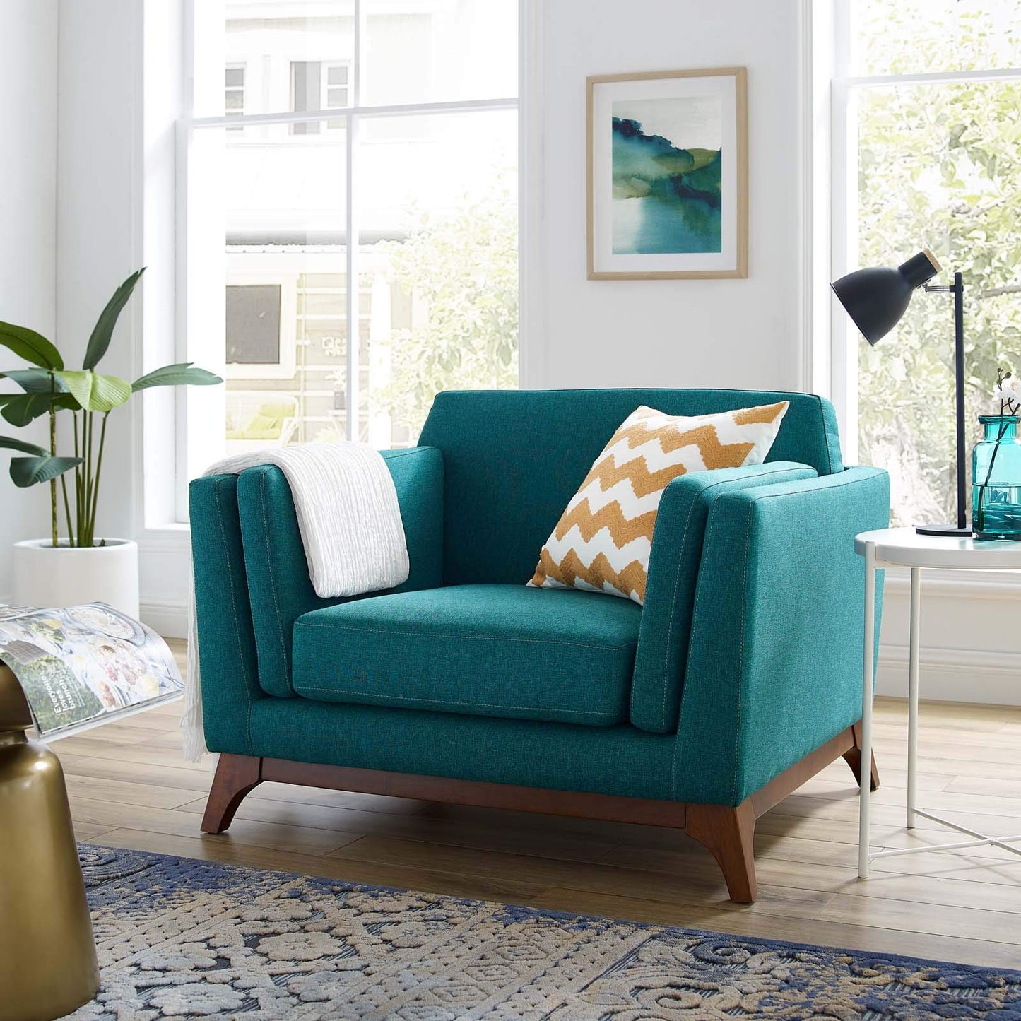Modway Chance Mid-Century Modern Upholstered Fabric Accent Lounge Arm Chair In Teal