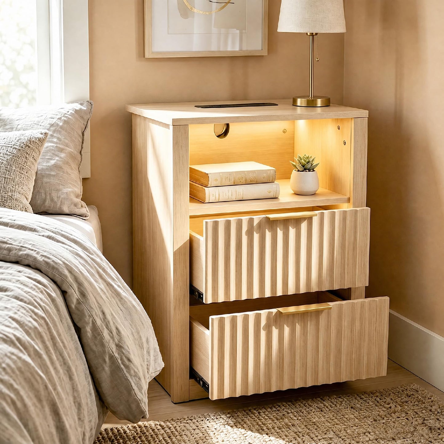 Fluted Nightstand with Charging Station & LED Light, 2 Drawer Bedside Table with Open Shelf, Modern Mid Century End Table with USB Outlet for Bedroom, Small Spaces, Oak, 18.5" x 11.8" x 25.6"