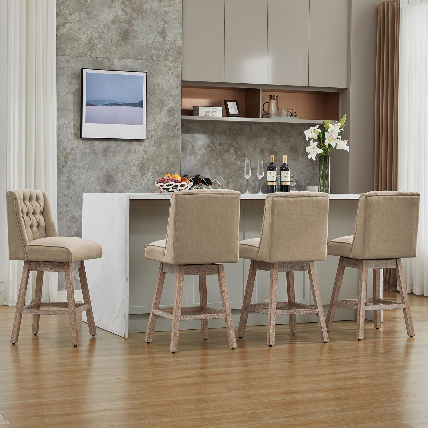UDAX 26" Swivel Bar Stools Set of 4, Counter Height Barstools with Back, Linen Fabric Upholstered Bar Stools, Modern Barstools Wood Legs for Kitchen Island Dining Room Bar (Brown, 4PCS-26in)