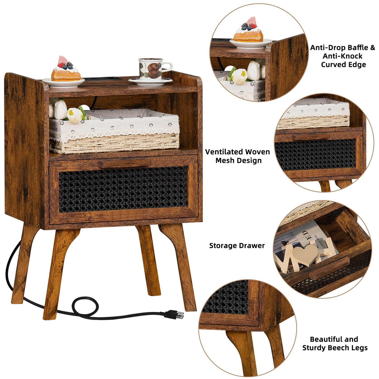 Lerliuo Rattan Nightstand with Charging Station, Side Table with Drawer Open Shelf, Cane Accent Bedside End Table with Solid Wood Legs, Night Stand for Bedroom, Dorm and Small Spaces (Brown)