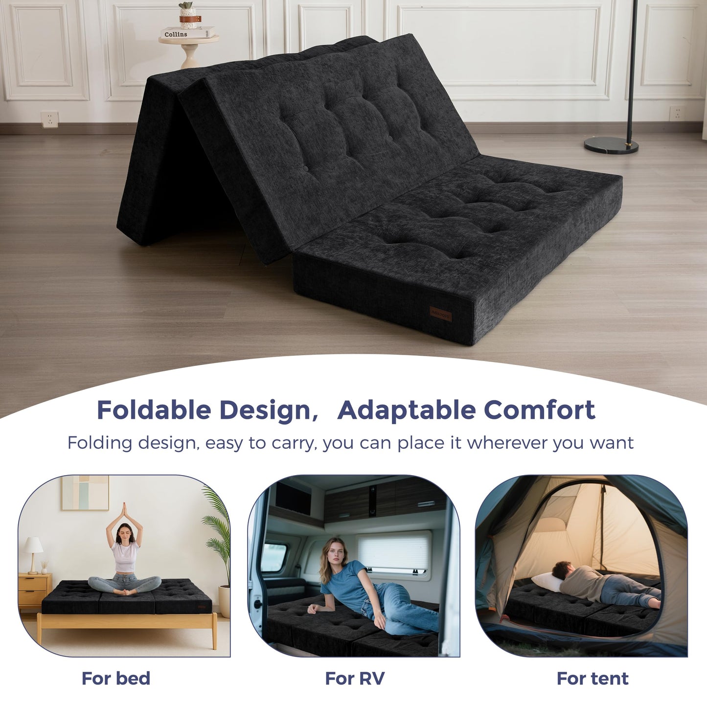 MAXYOYO 6" Folding Sofa Bed for Floor, Tufted Tri-Fold Floor Mattress with Chenille Fabric, Full Size Portable Sofa Couch Guest Mat for Adults, Foldable Topper for Camping, Black, 53"x75"