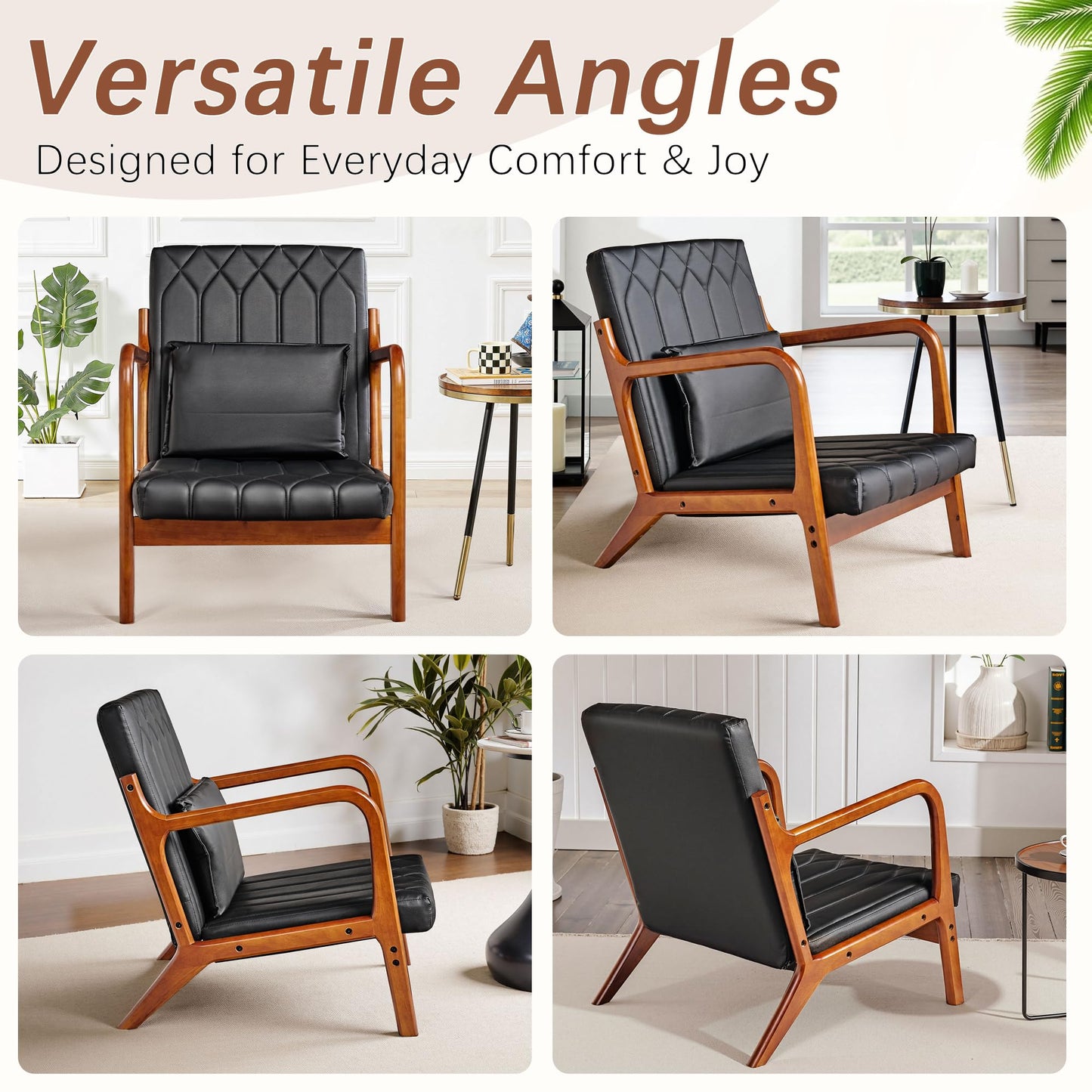 VECELO Mid-Century Modern Accent Chair with Faux Leather Cushion & Solid Wood Frame, Lounge Armchair for Living Room, Bedroom, Office, Black