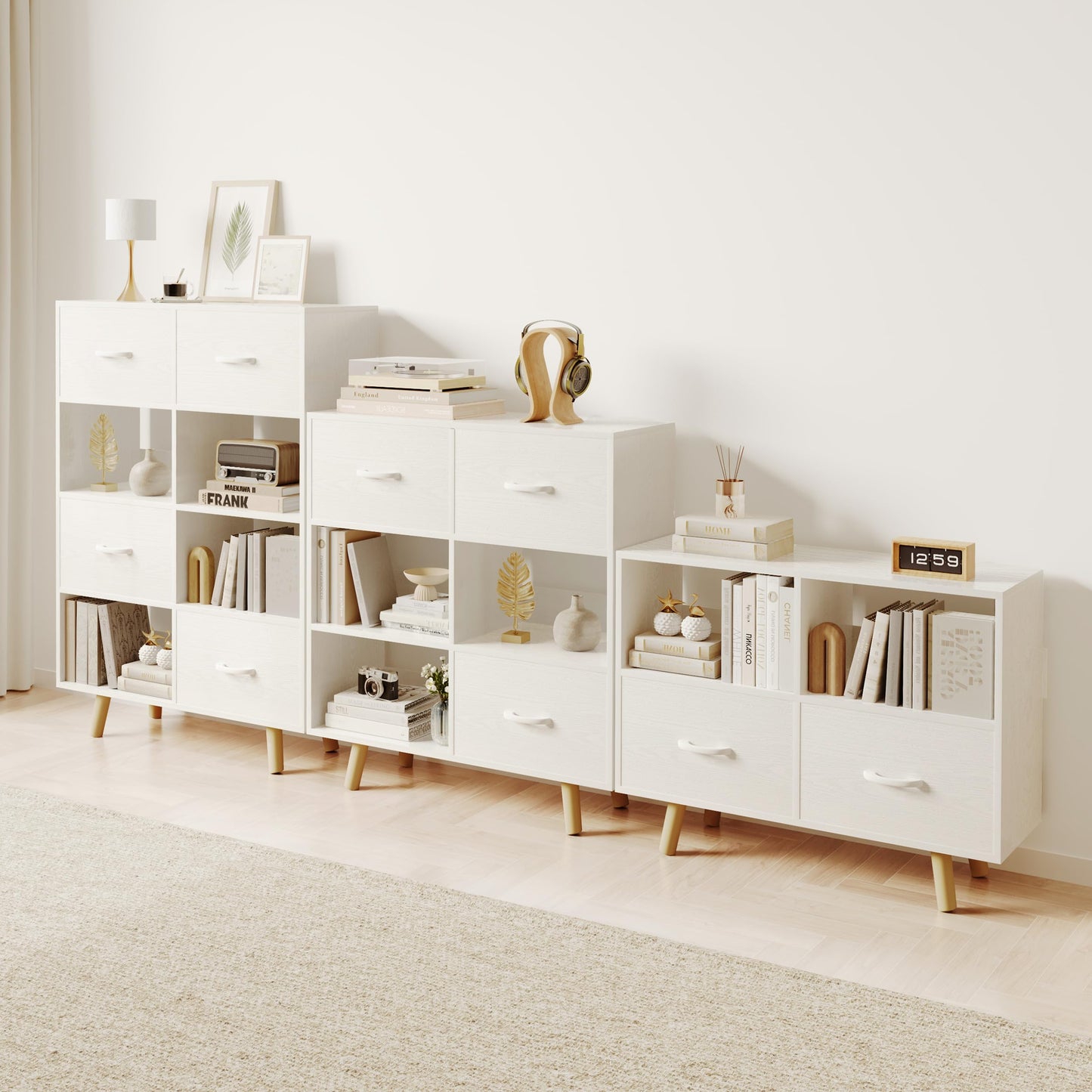 ELYUP Bookcase with Fabric Storage Bins - 8 Cube Organizer Display Bookshelf for Home Office, White