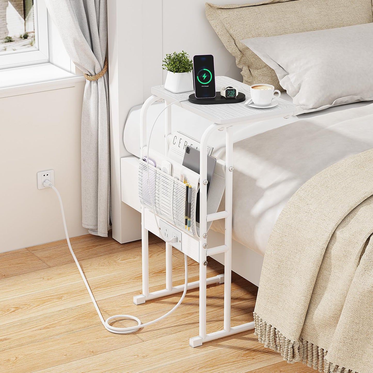 Olldide C-Shaped End Table with Charging Station and Storage Bag, Slide Under Couch Sofa Side Table, Metal Frame for Living Room, Bedroom, Small Space (White)