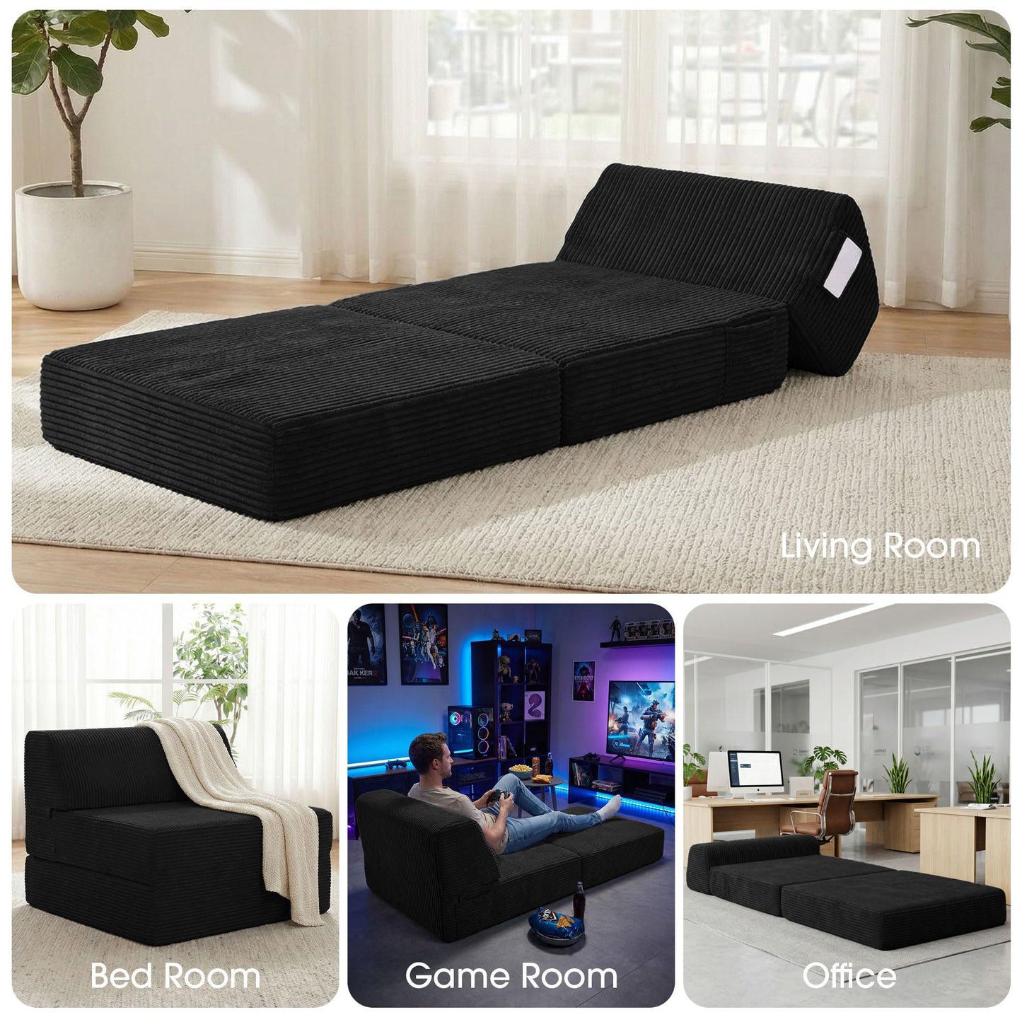 Kasunpul Folding Sofa Bed with Pillow, Memory Foam Fold Out Chair Bed, Convertible Sleeper Chair with Washable Cover, Futon Floor Couch for Living Room/Dorm/Guest Use/Home Office/Apartment, Black