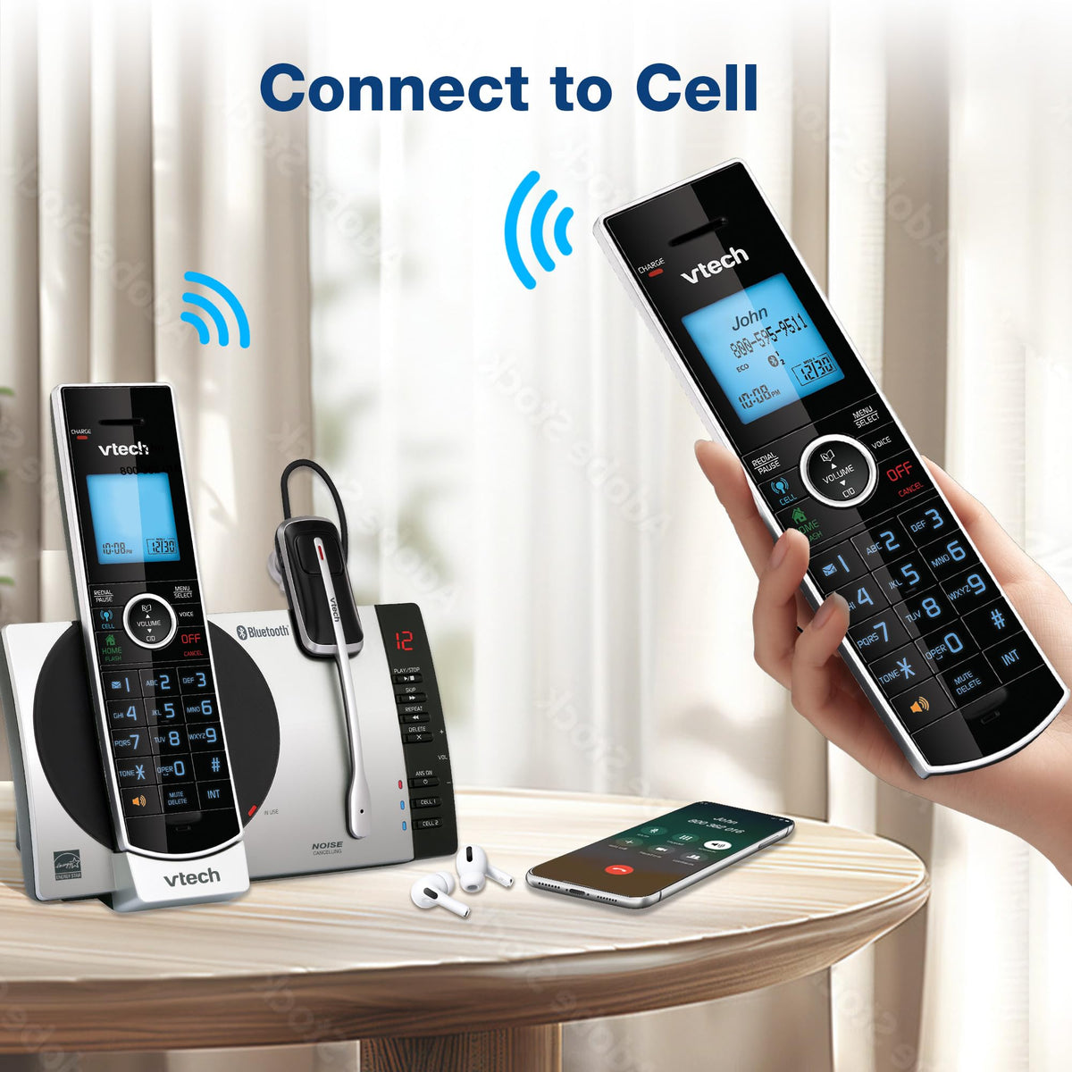 VTech DS6771-3 Connect to Cell, Cordless Phone with Answering Machine, DECT 6.0 Headset+2 Handset Intercom, Bluetooth, Caller ID/Call Waiting, Expandable System - Silver/Black