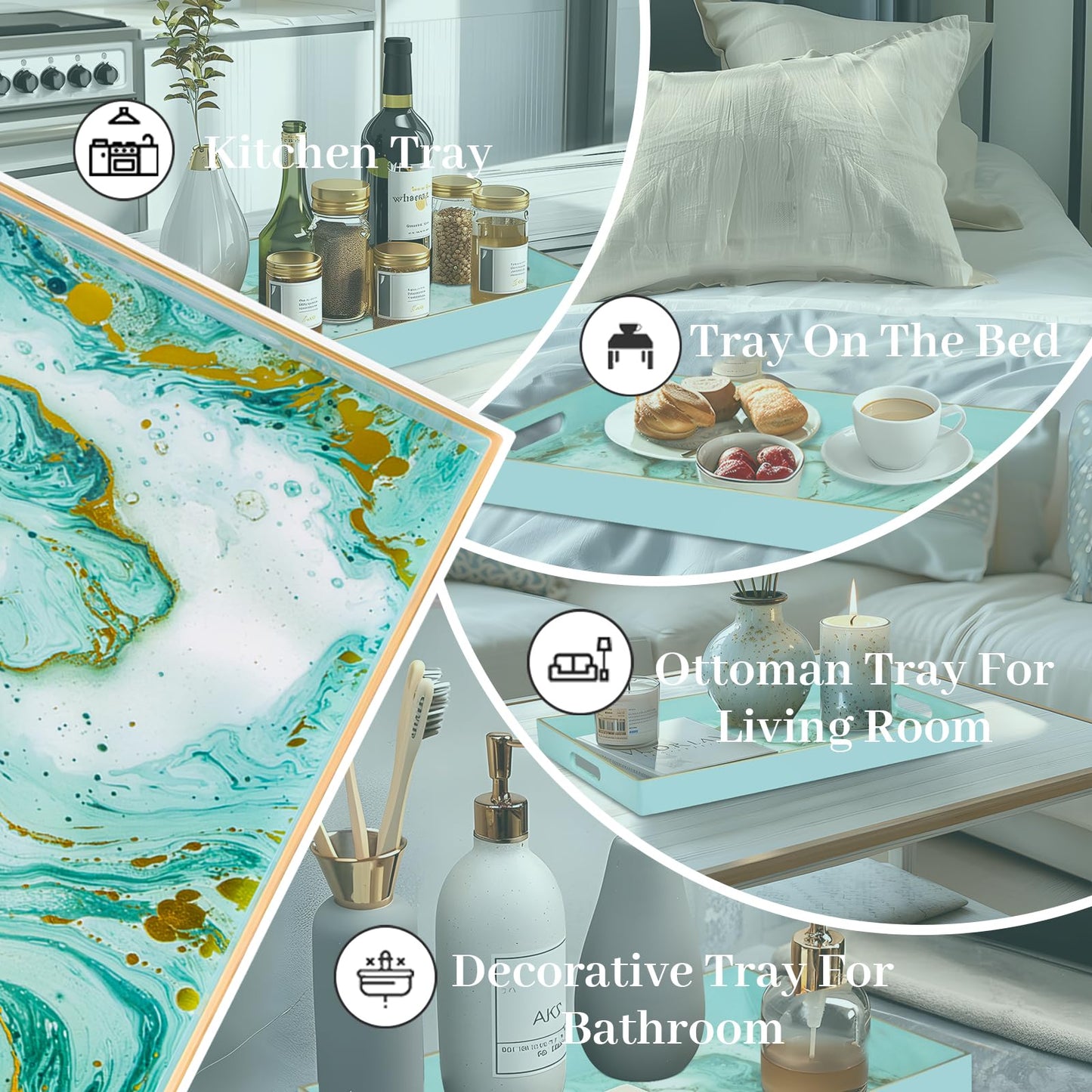 MAONAME Turquoise Serving Tray with Handles, Plastic Decorative Tray for Coffee Table, Marbling Rectangular Trays for Bathroom, Ottoman, Storage, 15.7" Lx 10.2" W X 1.57" H