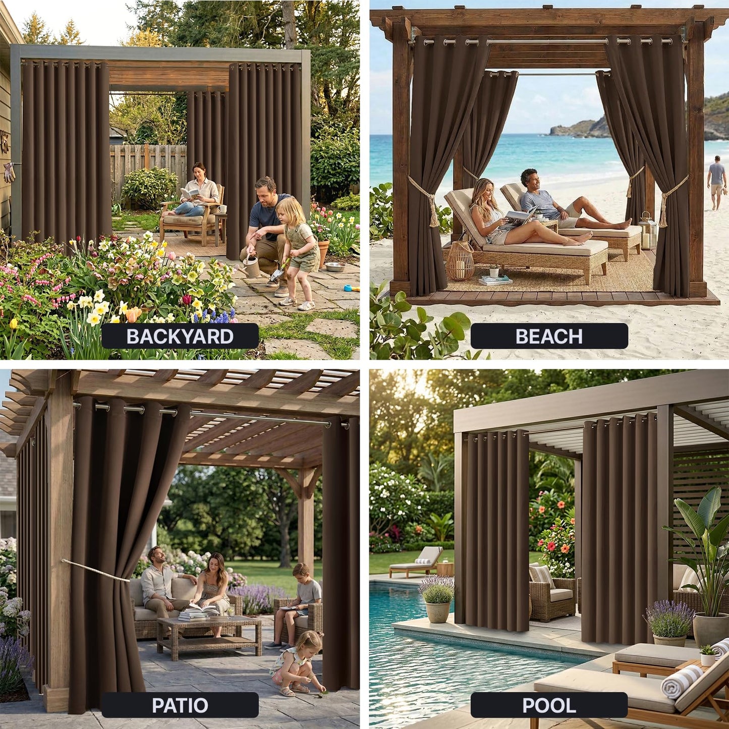 Water Proof Outside Curtains with Grommet Top for Porch, Thermal Insulated Washable Light Block Outdoor Divider Drapes for Patio Gazebo Deck Pool Area Pergola Cabana (W84 x L95, Brown, 2 Panels)