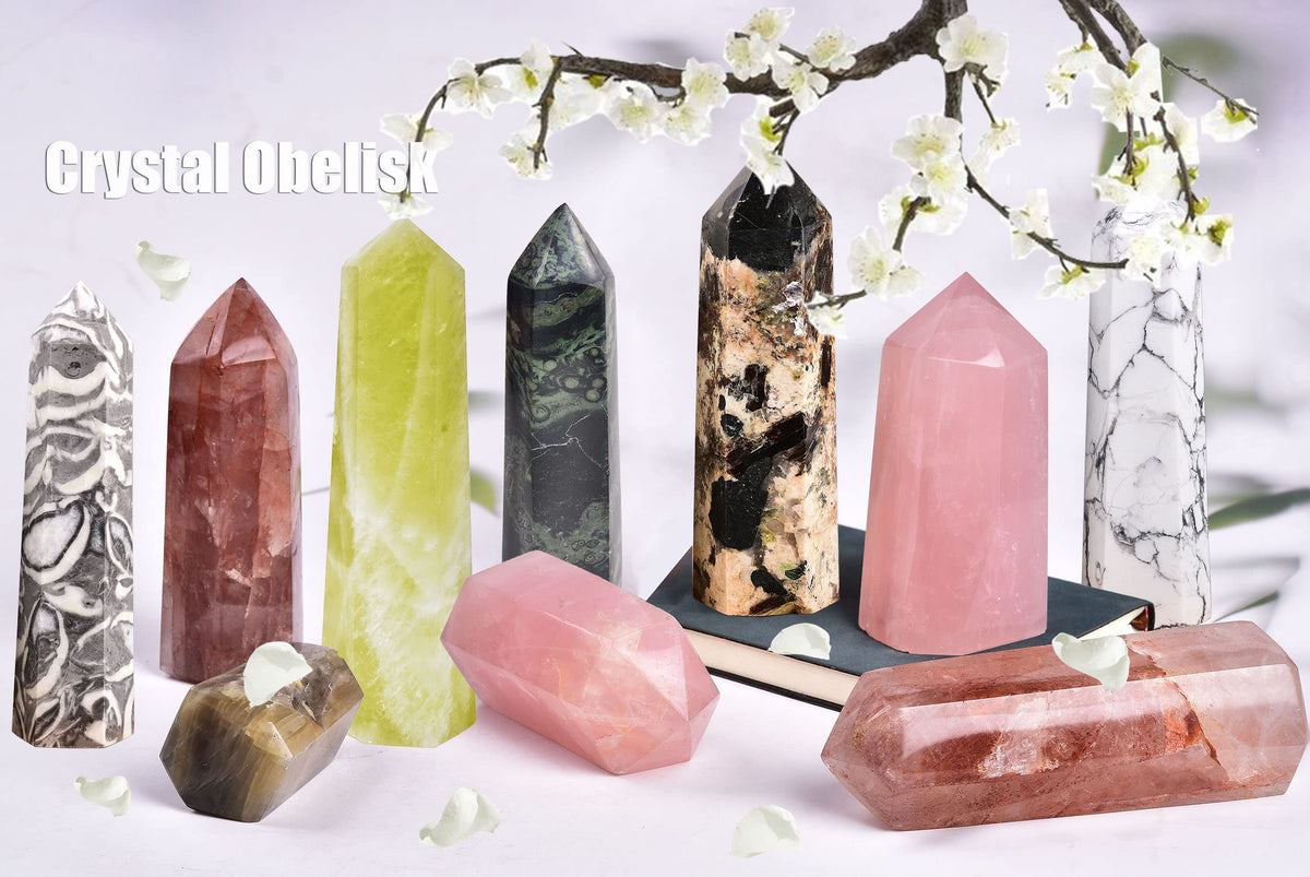 AMOYSTONE Rose Quartz Obelisk Towers Large Healing Crystal Point Wand 6 Faceted Reiki Meditation Stone Pink 0.6-1.1 LBS