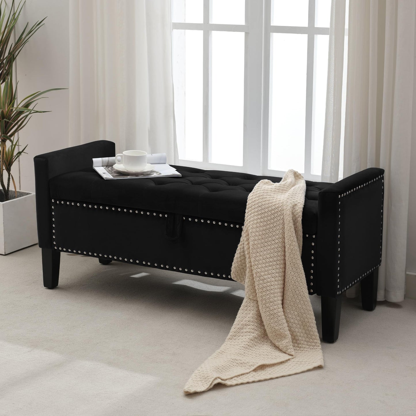 UDAX Storage Ottoman Bench, Velvet Upholstered Footstool for Bedroom and Living Room, Tufted Seat with Storage, Wooden Legs & Metal Rivets, Black