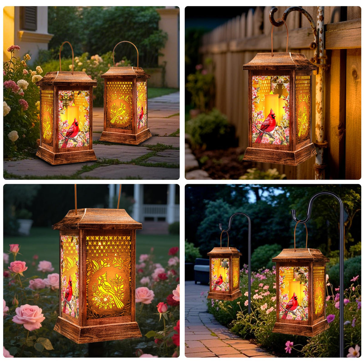 Cardinal Solar Lanterns Outdoor Hanging Lanterns, Metal Glass Garden Decor Solar Lights, Gifts for Women Mom Birthday Grandma Mothers Day, Waterproof Decorative Lantern for Outside Patio Yard