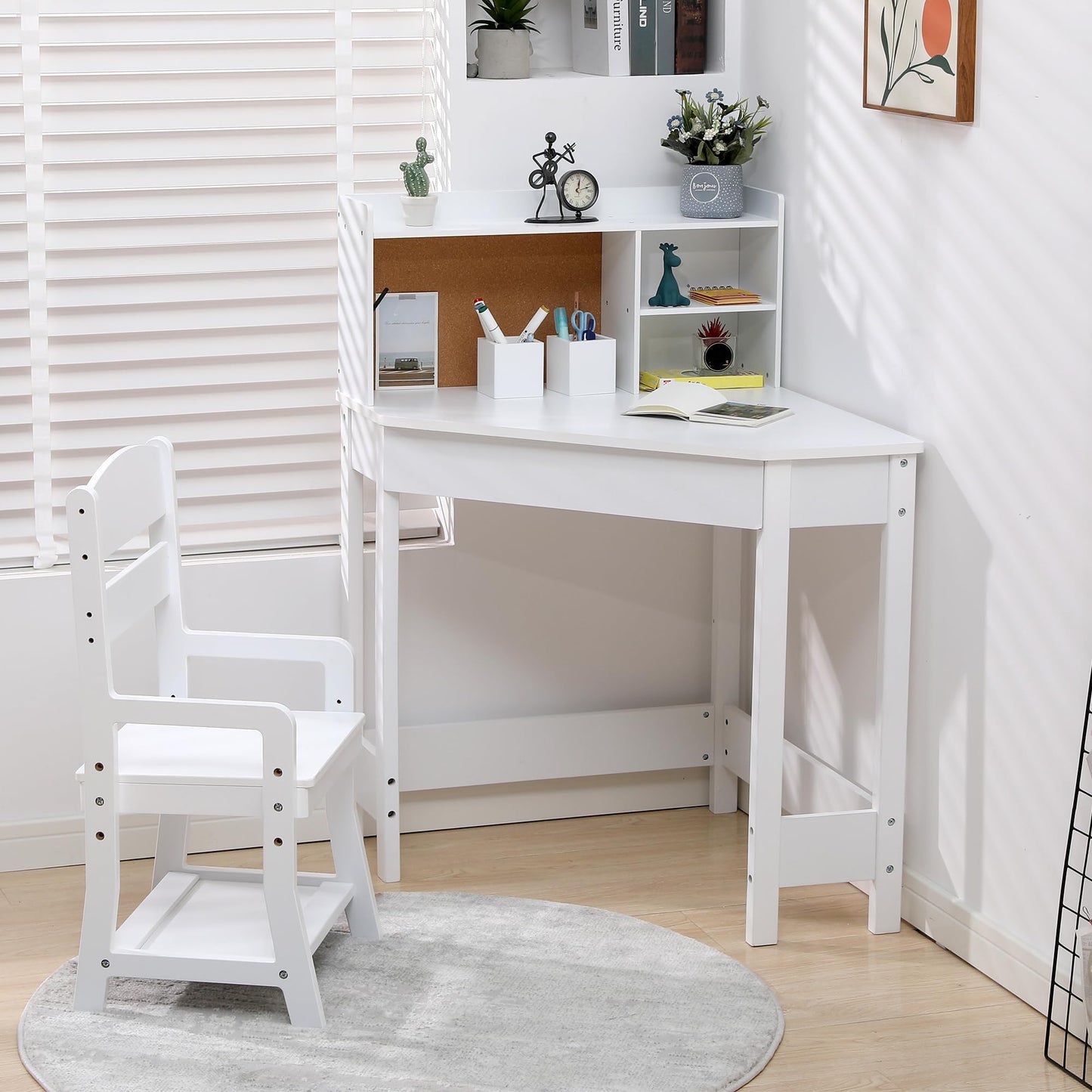 GarveeHome Kids Corner Desk and Chair Set, Children Study Table with Bookshelf, Bulletin Board, and Pen Holder, Writing Table for Boys and Girls, White