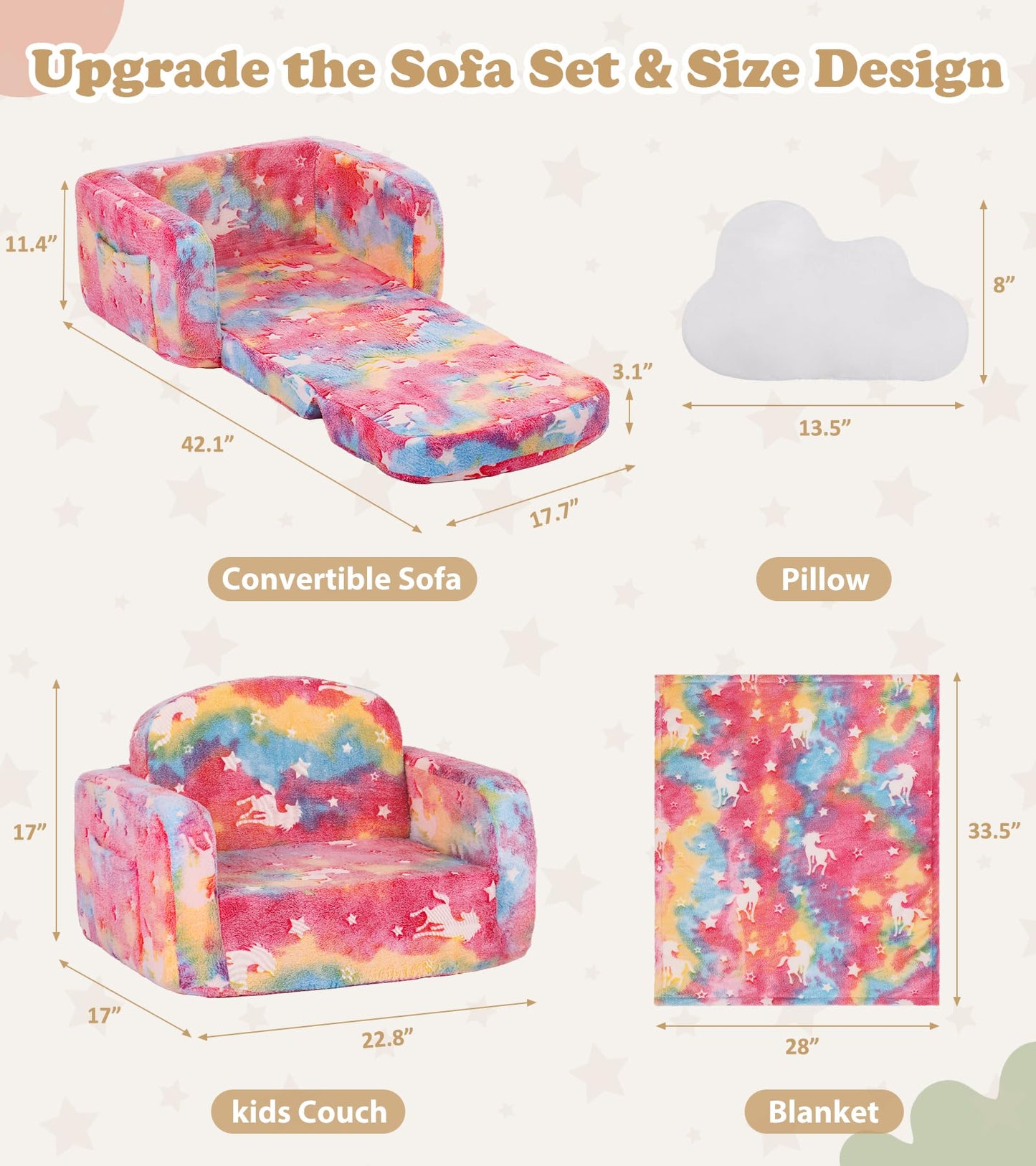 Kids Couch, 2-in-1 Soft Toddler Couch Fold Out with Blanket and Cloud Pillow, Glow in The Dark, Toddler Chair Comfy, Convertible Sofa, Gifts for Kids Girl Boys, Medium Pink Unicorn