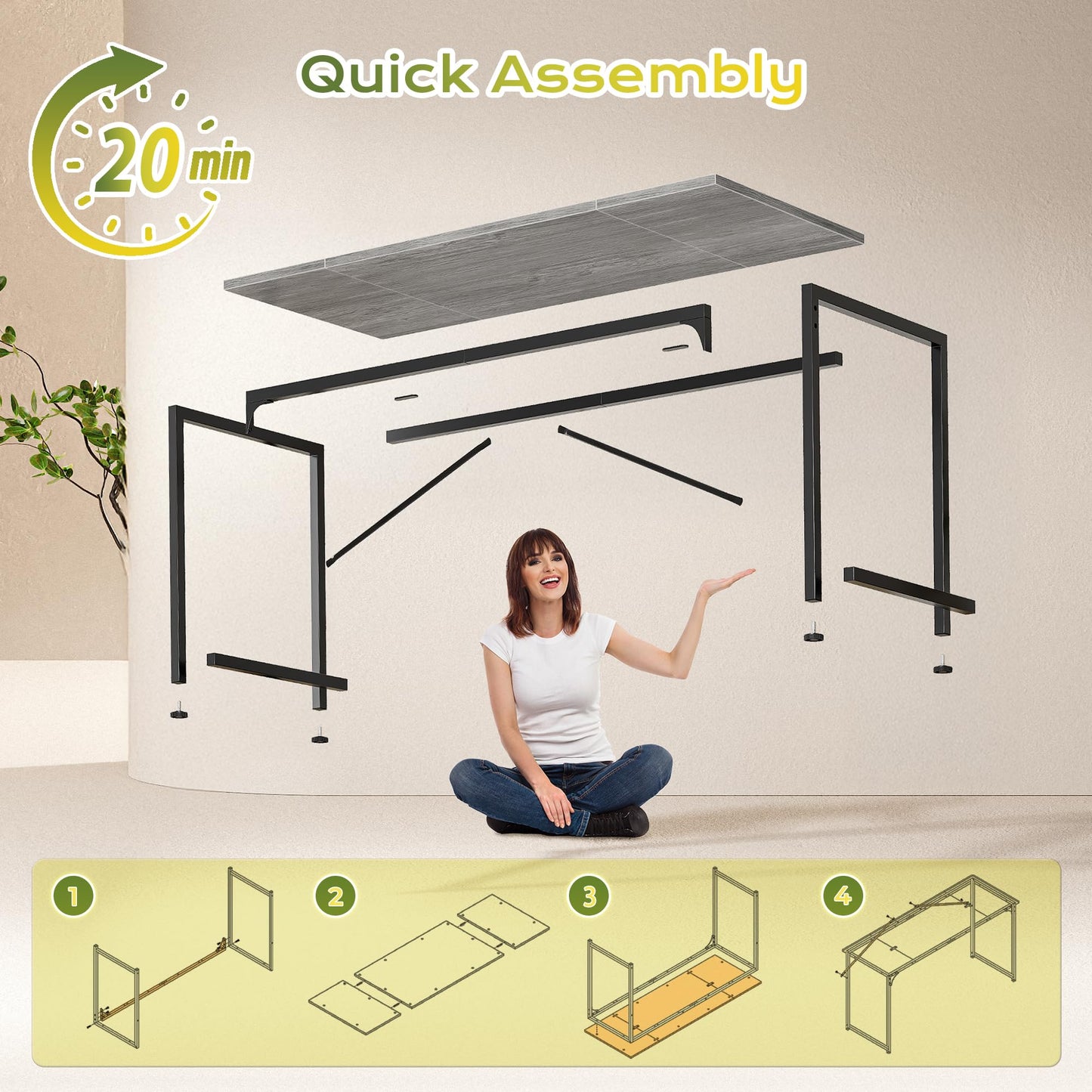 PRAISUN 47 Inch Computer Desk, Home Office Desk with Spacious Desktop, Modern Gaming Desk, Writing Study Table for Bedroom, Small Spaces, Work from Home Desk with Metal Frame, Grey