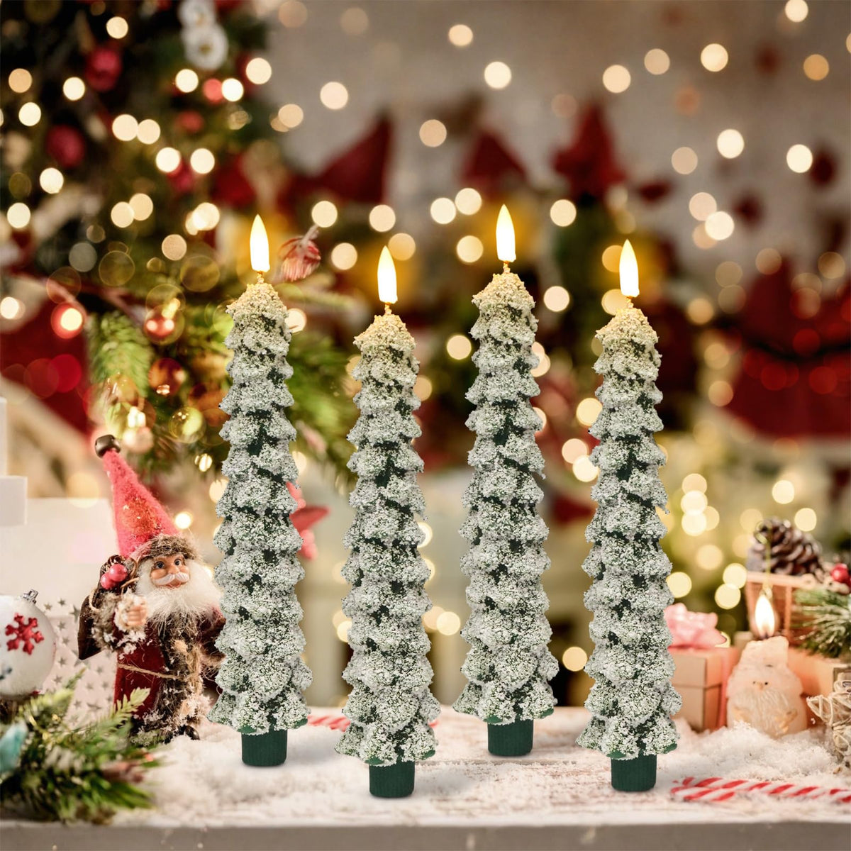 DRomance Christmas Tree Flameless Taper Candles with Remote Timer Battery Operated Flickering LED Candlesticks Real Wax Snowflake Glitters Holiday Indoor Decor(4 Pack, 0.78" D x 9.8" H)