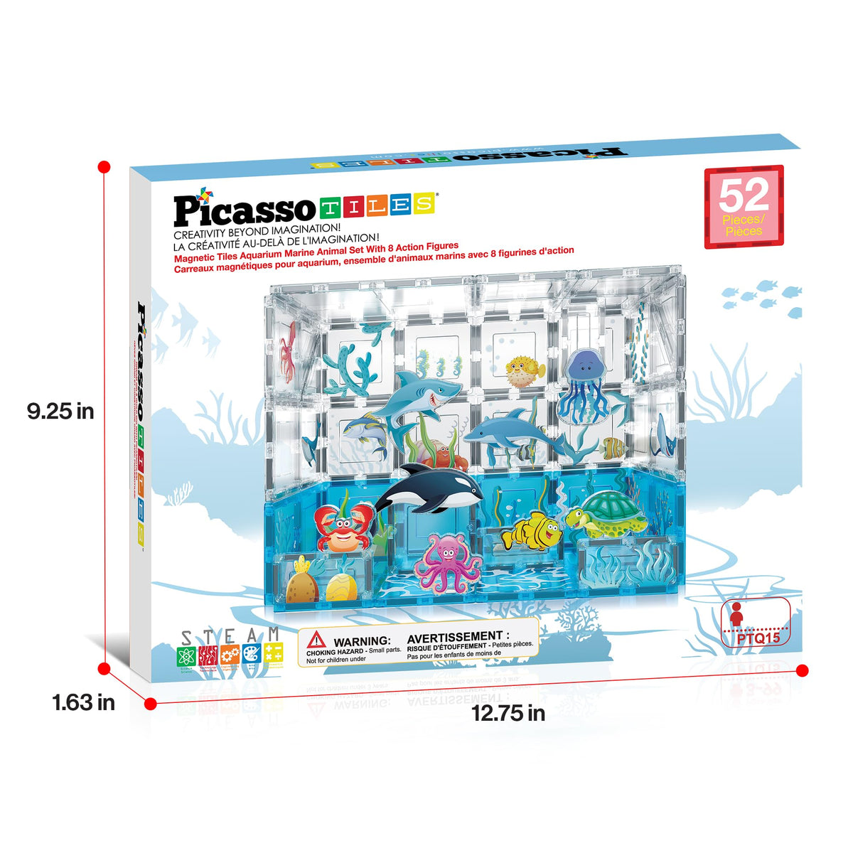 PicassoTiles Magnet Tiles Magnetic Building Blocks Aquarium Marine Animal Theme Set with 8 Character Action Figures Shark Crab Turtle STEM Toys Construction Preschool Toddlers Kids Boys Girls 3+ PTQ15