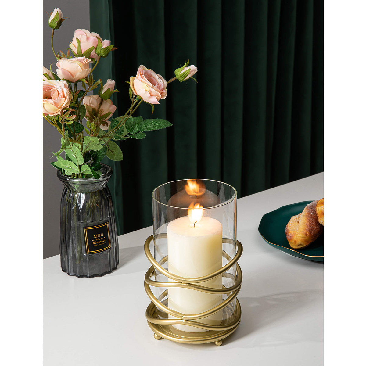 Hurricane Glass Pillar Candle Holder Craftsmanship with Removable Glass for Halloween, Christmas, Thanksgiving, New Year, Wedding Party Anniversary Home Decor (Gold)