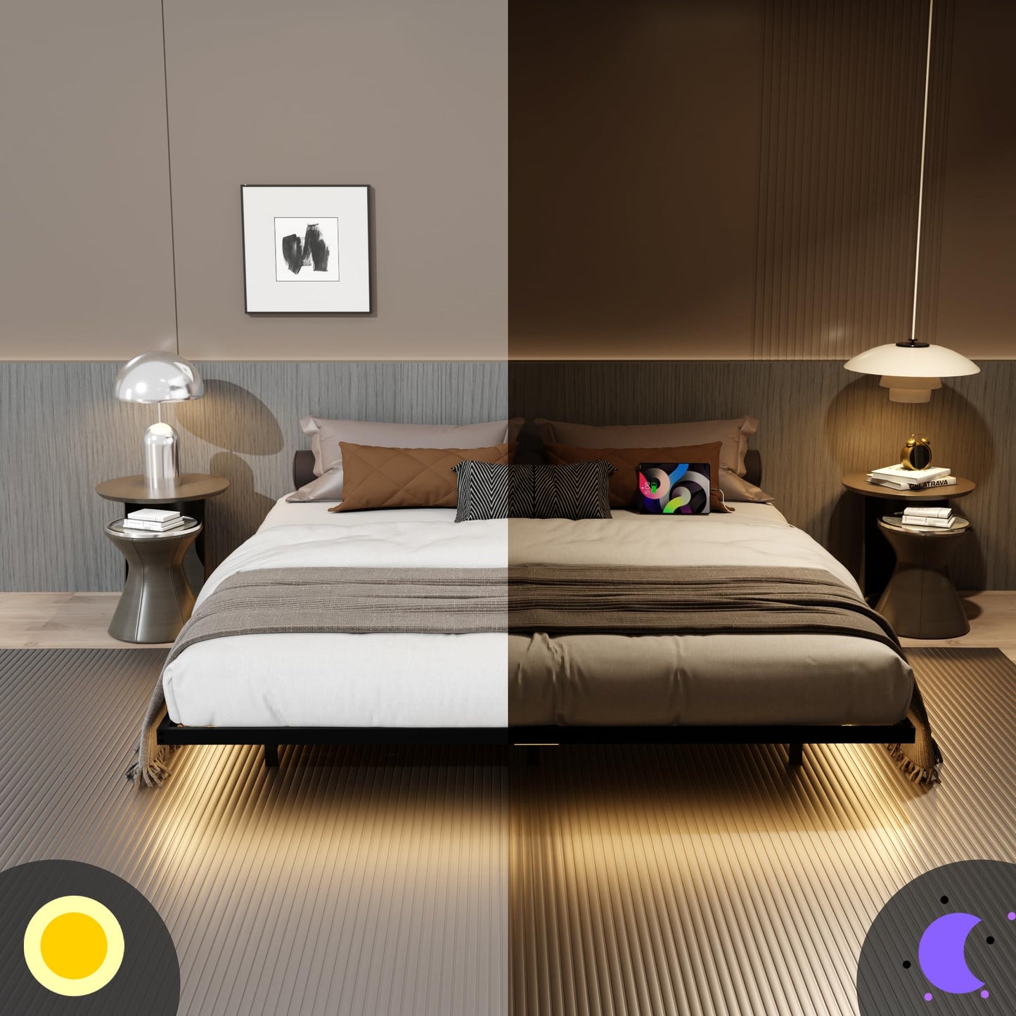 Muluflower Floating Bed Frame Full Size with Charging Station and LED Lights, Metal Platform Bed Frame, No Box Spring Needed, Easy Assembly, (Full)