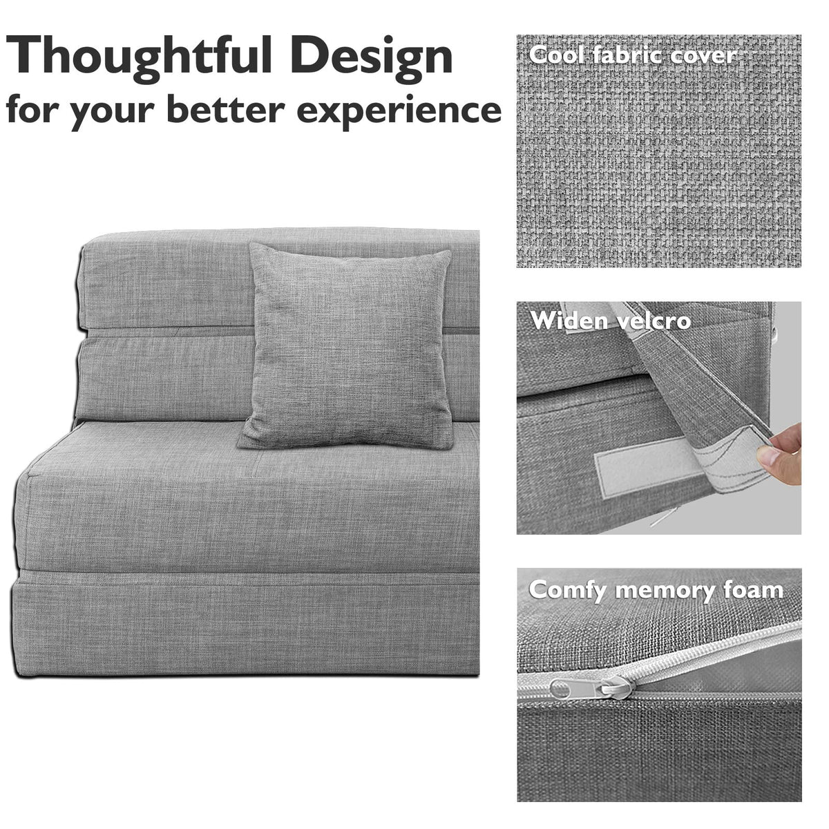 ANONER 60" Folding Sleeper Chair Sofa Bed Lazy Couch with 2 Pillows, Queen Size Memory Foam Washable Cover, Light Gray