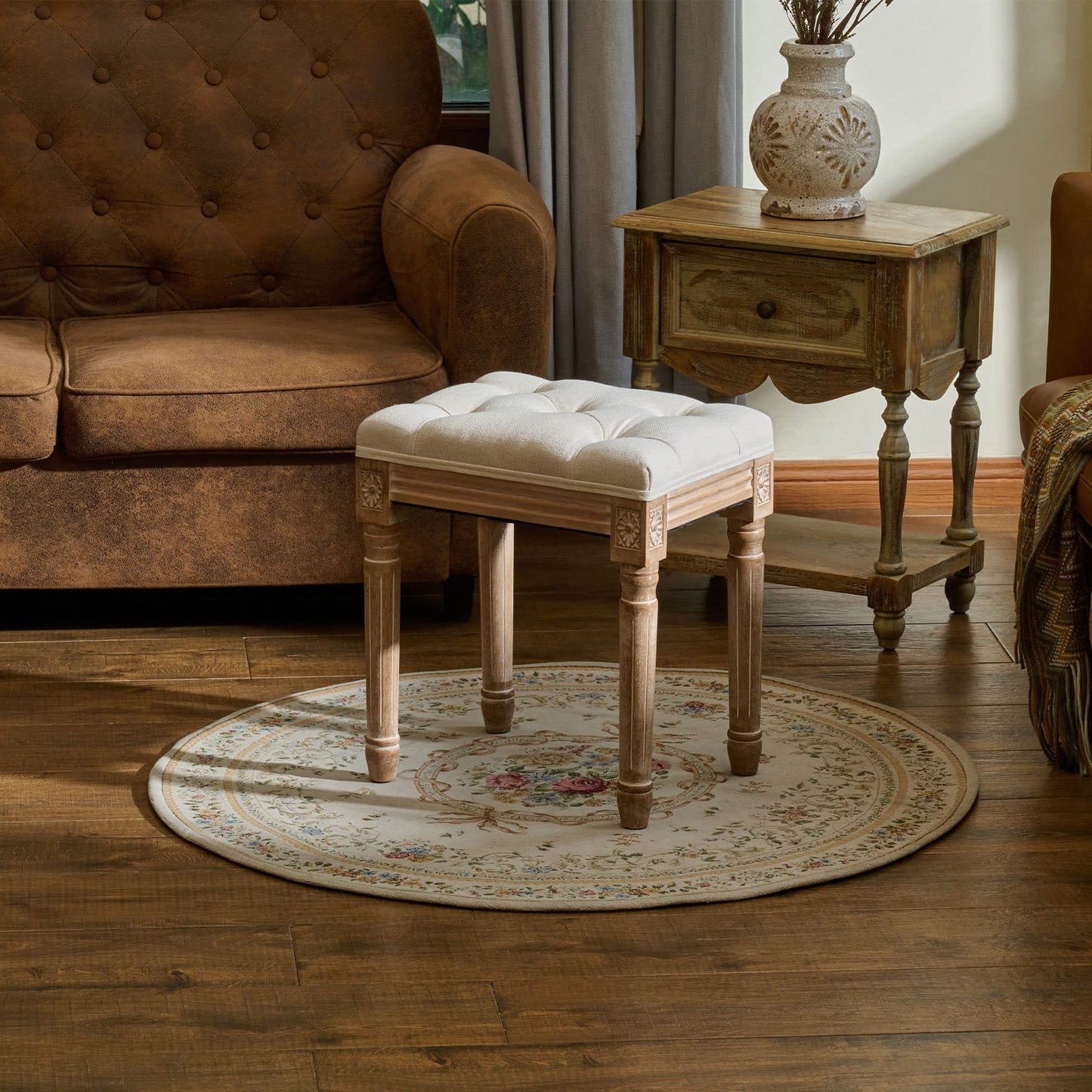 VONLUCE Ottoman Stool, Length: 15.7 inch, Width: 11.8 inch, Height: 18.5inch, Beige, with Padded Seat, Wood Frame, Button Tufted, for Dining, Living Room, Bedroom, Piano, Dressing, Vanity, Foot Rest