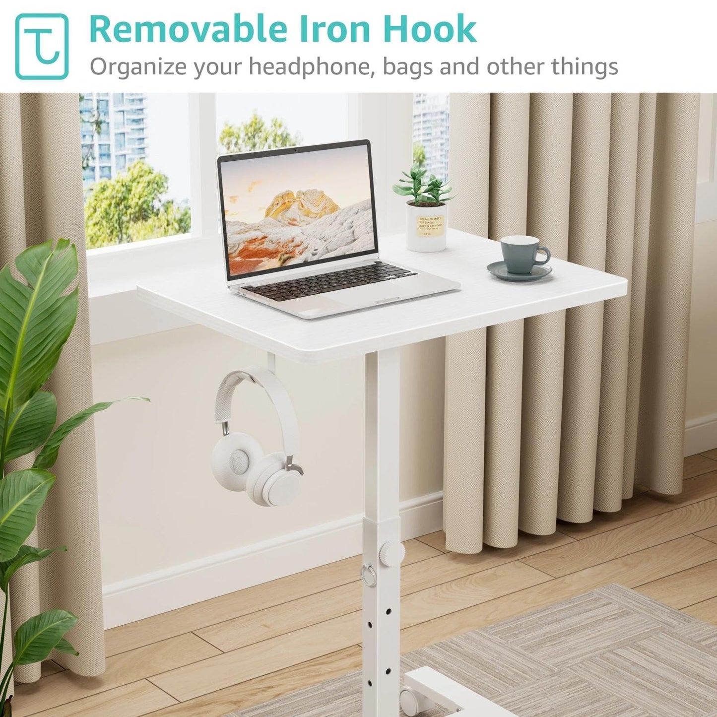 WINAZ Small Portable Rolling Desk Adjustable Height, 24 Inch Mobile Laptop Desk with Wheels for Dorm Room, C-Shaped Table for Sofa and Bed Side, Study Table for Students, White