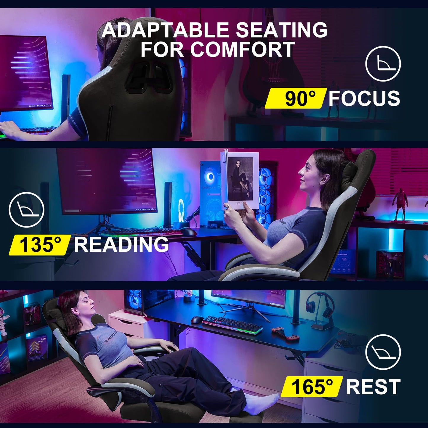 GTPLAYER Gaming Chair with Footrest Fabric Office Chair with Pocket Spring Cushion and Linkage Armrests, High Back Ergonomic Computer Chair with Lumbar Support Task Chair Brown